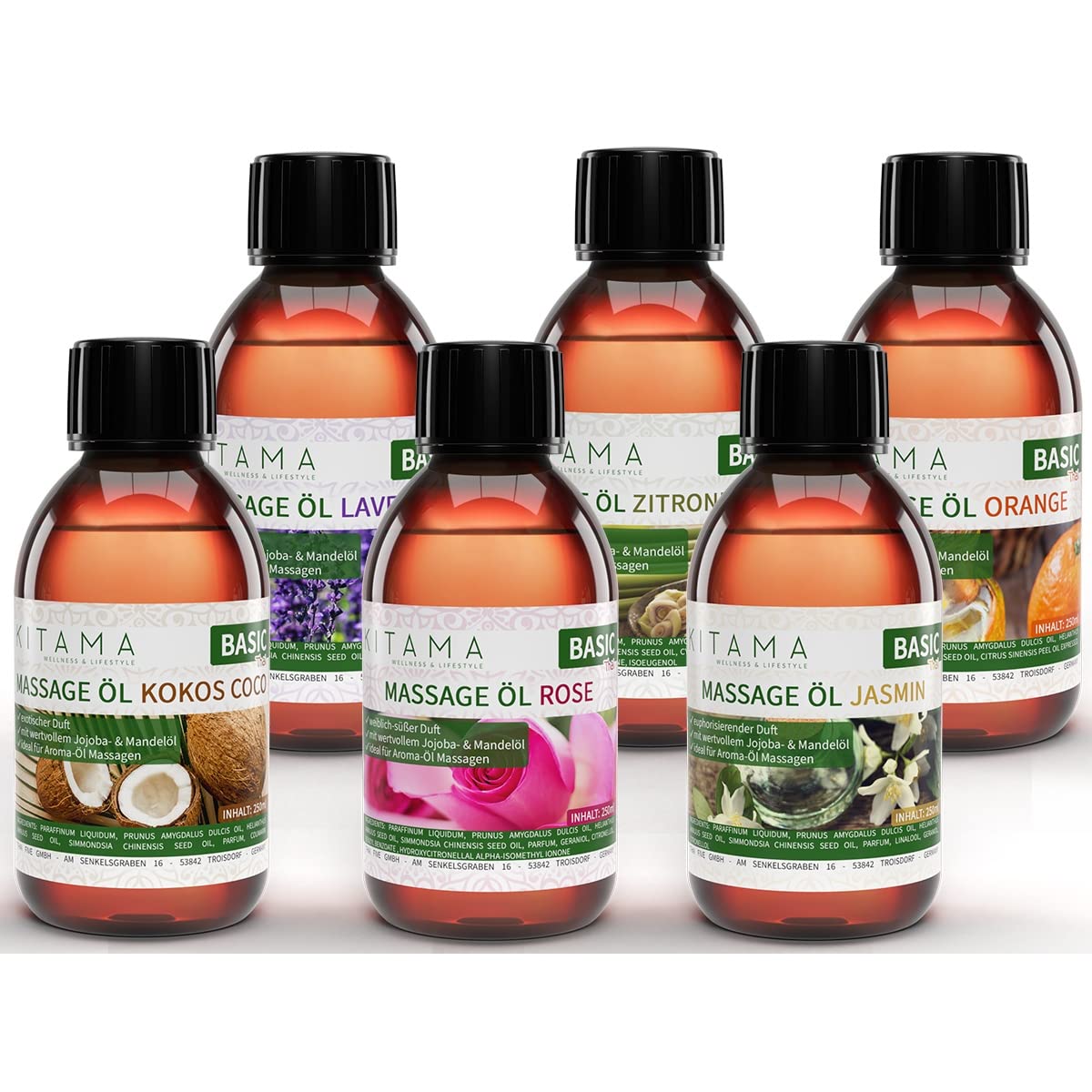 Set de aceite MyThaiMassage para Masaje Aroma 5 x 250ml - fragancias esenciales jazmín, rose, naranja, lavanda, limoncillo