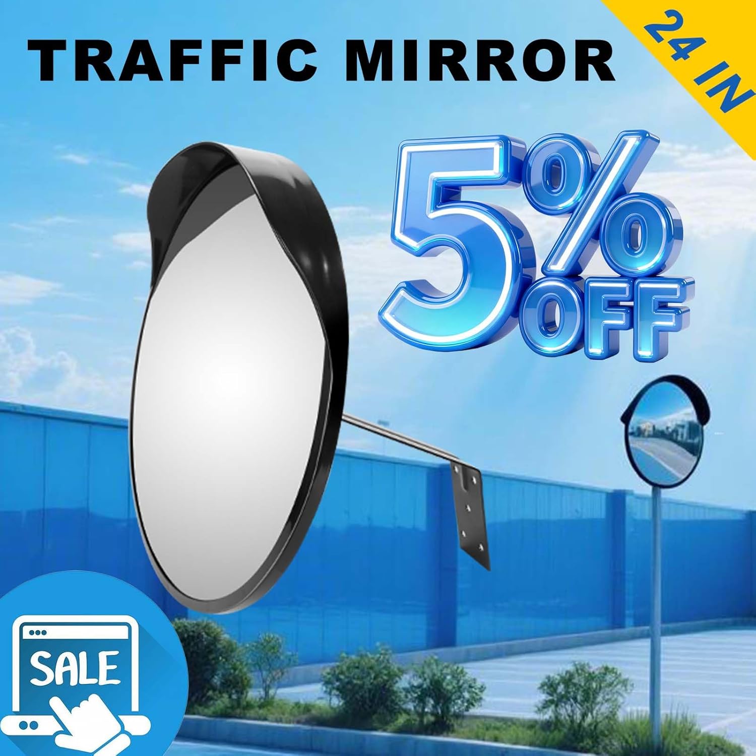 24" Unbreakable Convex Traffic Mirror – Adjustable Bracket, Wide-Angle Security Mirror for Retail Store, Garage, Warehouse, Blind Spot, Office, Parking Lot, Blind Spots Outdoor