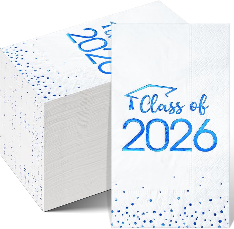 100Pcs Class of 2026 Graduation Napkins, Disposable Congrats Grad Cocktail Napkins Foil Dot Paper Hand Towels for 2026 High School University College Graduation Party Decorations and Supplies (Blue)