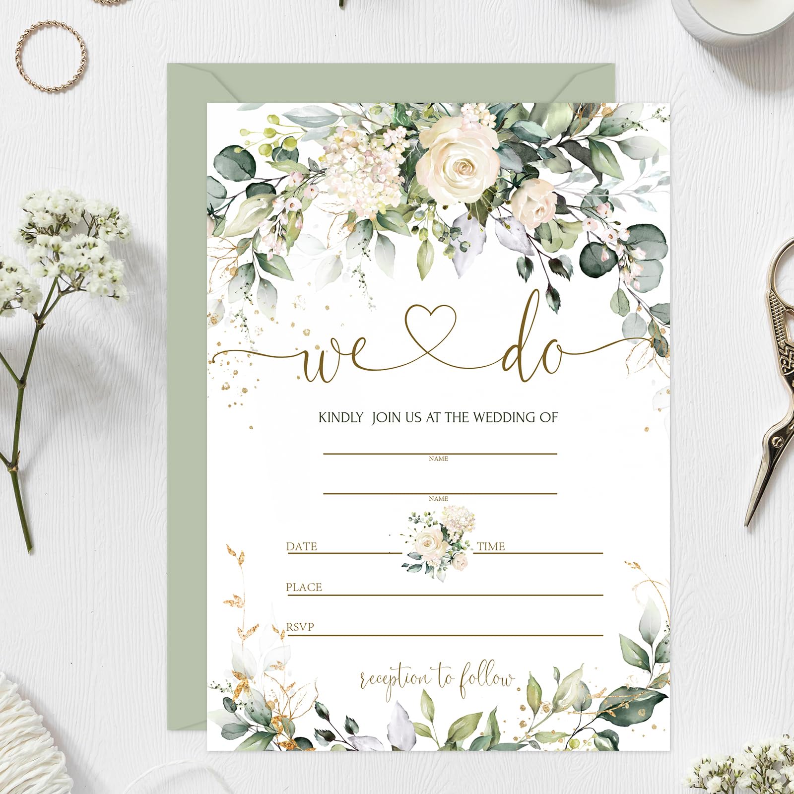 Whaline 25 Sets Greenery Floral Wedding Invitation with Envelopes Stickers Eucalyptus Leaves Blank Invites Cards for Bridal Shower, 5 x 7 Inch
