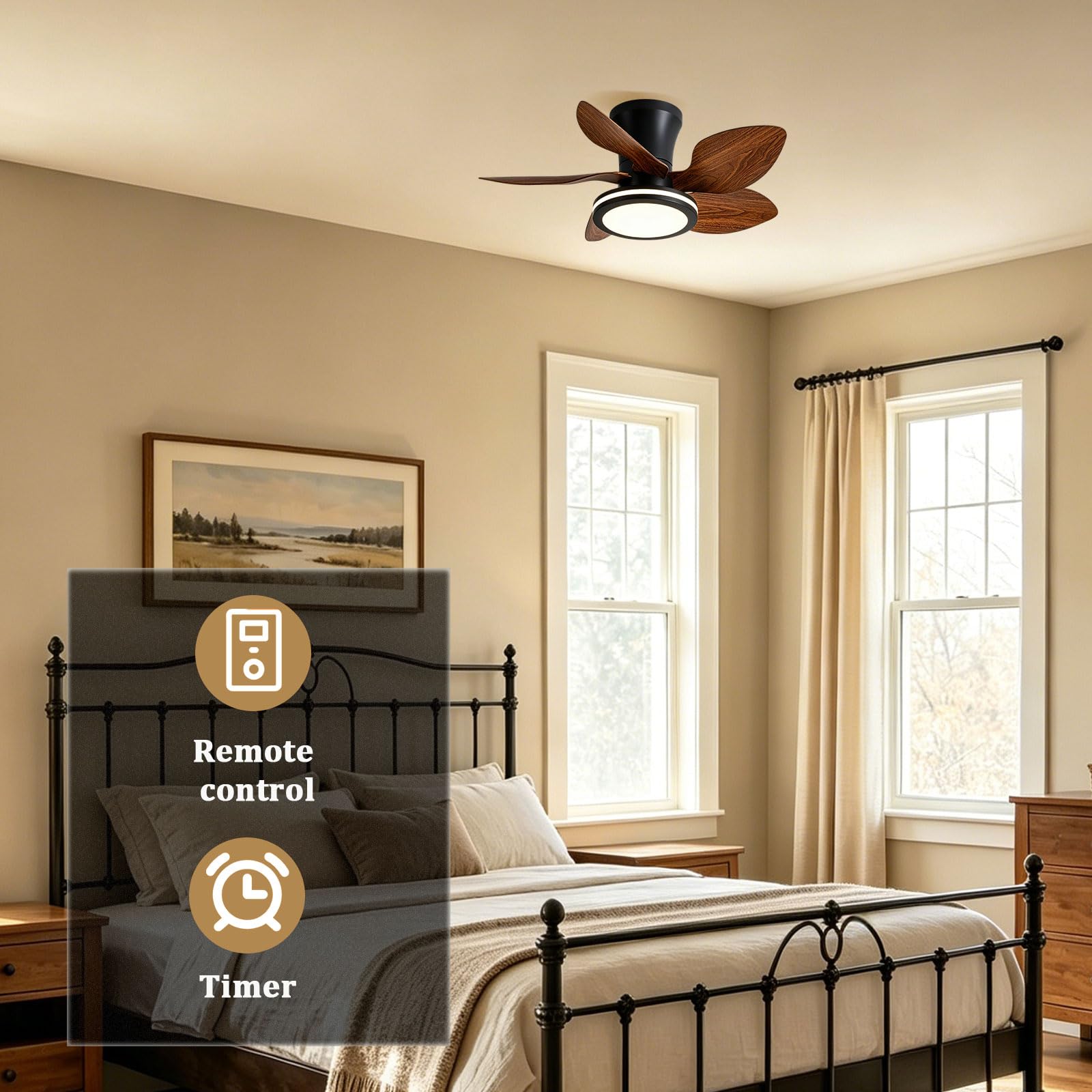 Ventilador de techo mini de 28" con 5 aspas y luz, silencioso e inteligente.
