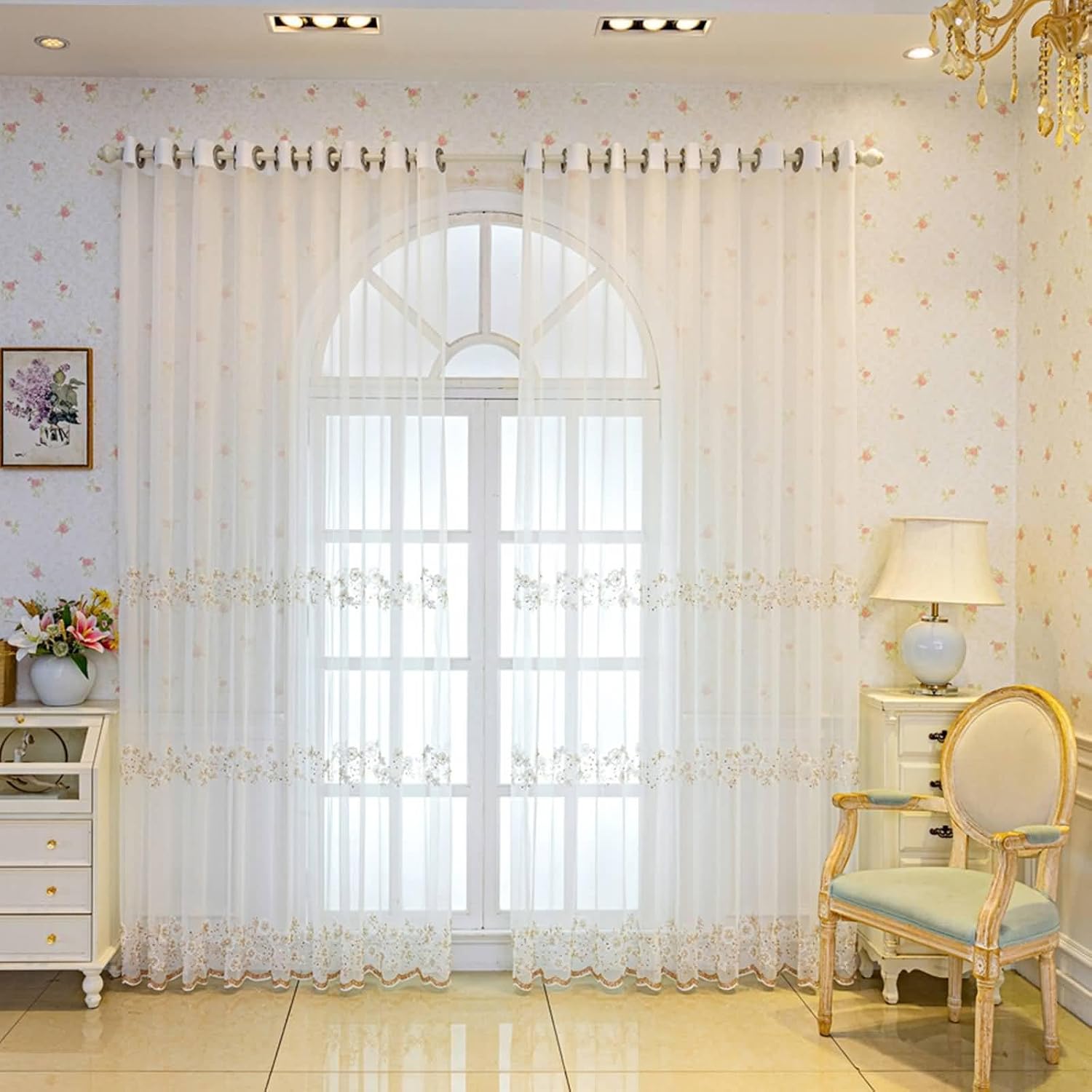 Daesar Voile Curtains 2 Panels Set 72 Inch Length, Eyelet Tulle Curtains Embroidered Flowers Leaves with Bead Pattern Sheer Drapes Window Treatment for Bedroom Living Room, 52x72 Inch White