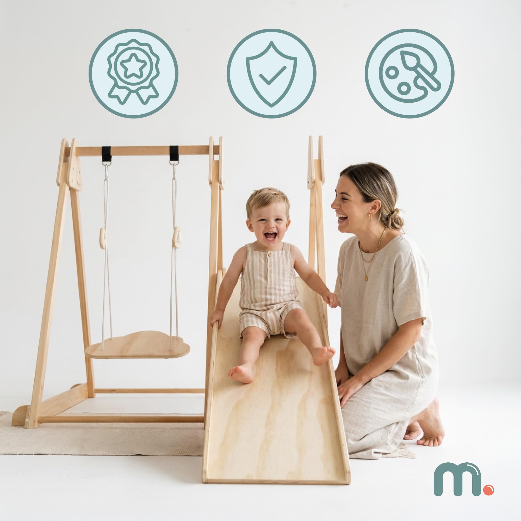Mamabrum Indoor Spielplatz aus Holz 3in1 mit Rutsche, Kletterwand und Schaukel, klappbares Montessori Bewegungsset aus Buche, 118 x 105 x 119,5 cm, ab 3 Jahren