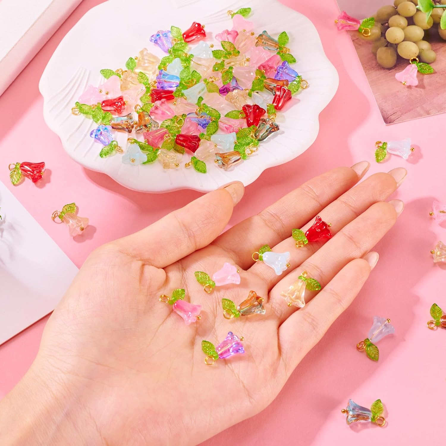 80Pcs Glass Tulip Flower Charms Cute Glass Crystal Plant Dangle Earring Pendants Brass Findings Acrylic Leaf for Crafts DIY Wine Glass Keychain Jewelry Making Supplies 17x11mm - Image 2