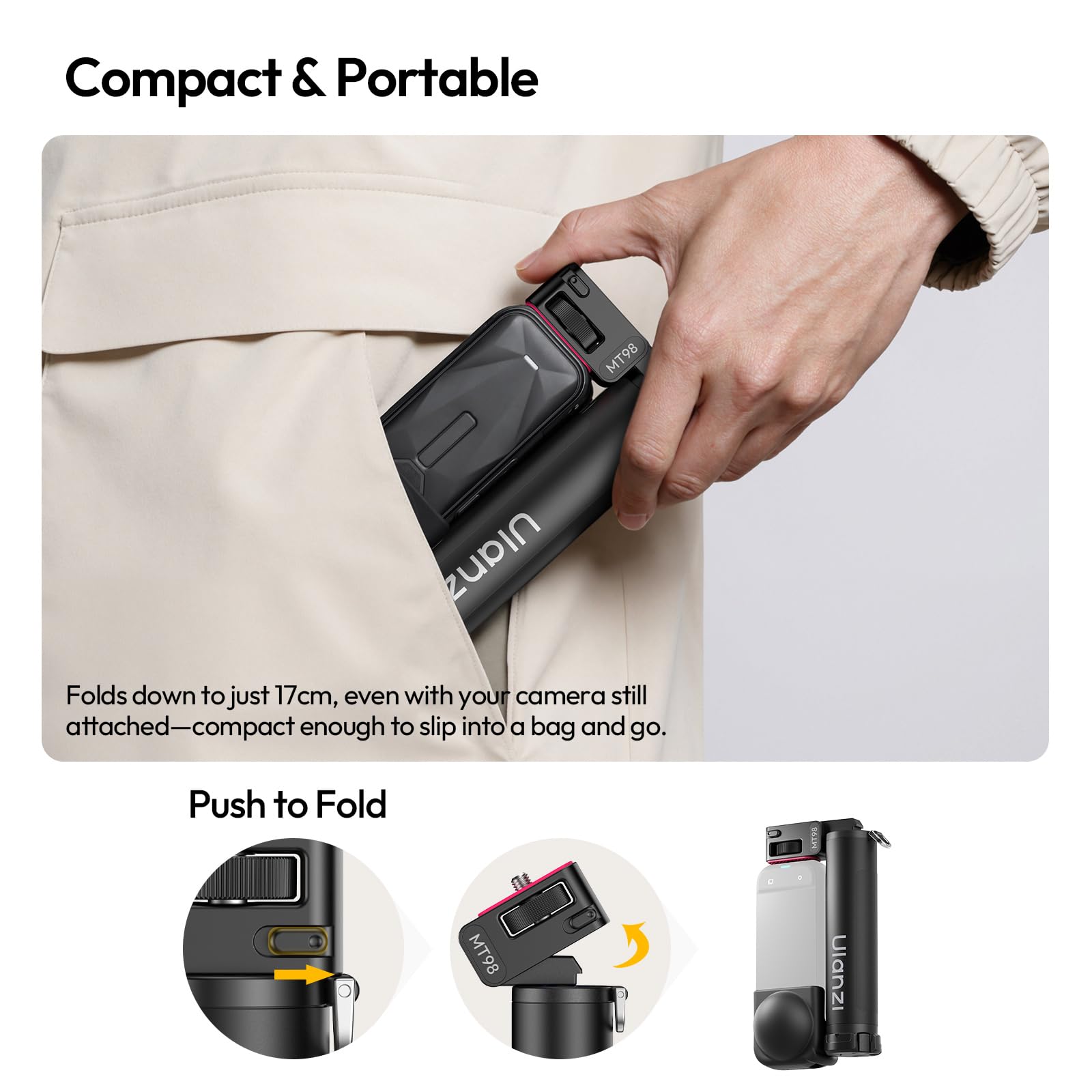 Ulanzi MT98 Kijek do selfie do Insta360 X4/X5, 57 cm, drążek przedłużający 1/4", wysuwany uchwyt 2 w 1, podróżny kijek do selfie, mini statyw do DJI Osmo Pocket 3 4
