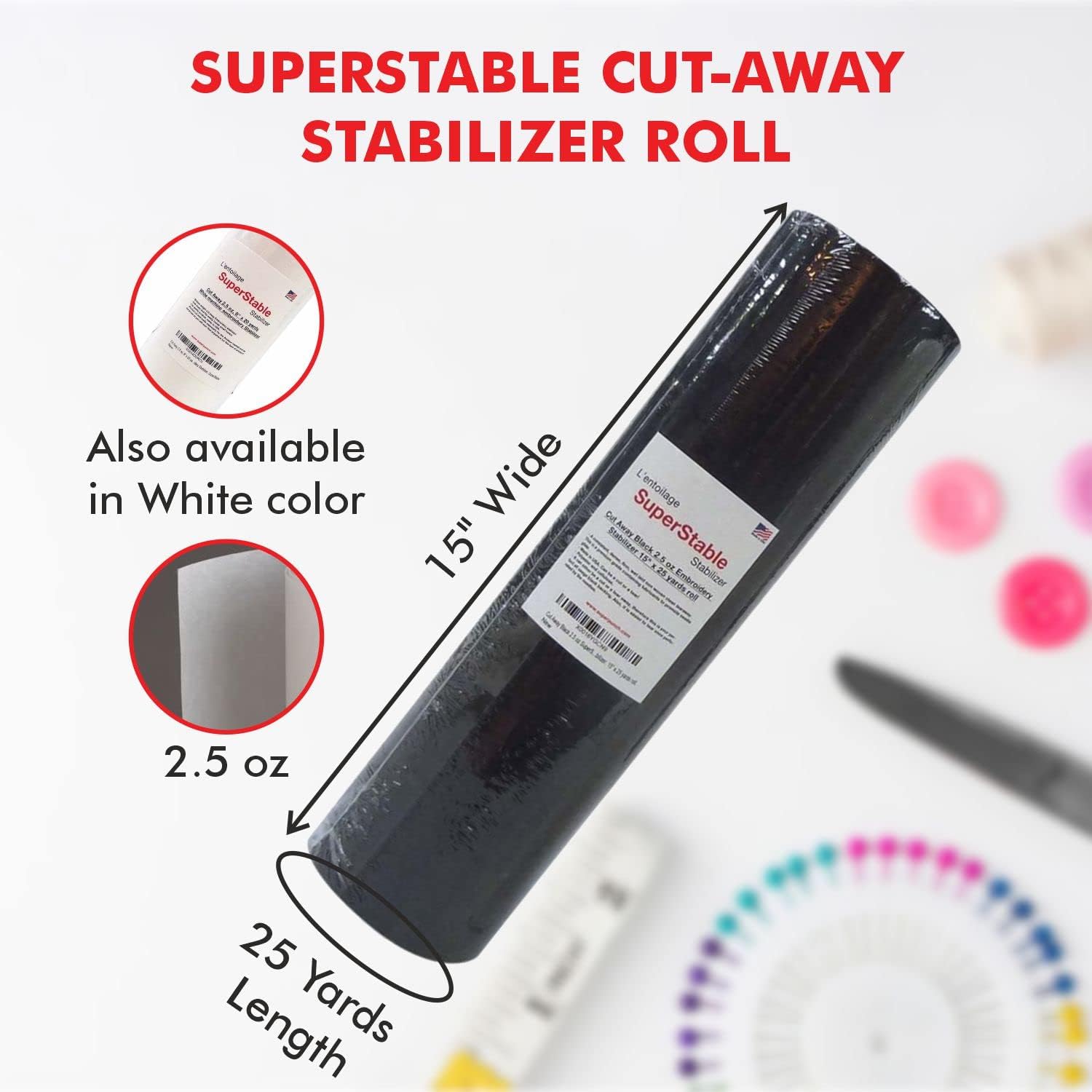 Superpunch Cutaway 2.5 Oz Stabilizer For Embroidery Machines, SuperStable Machine Embroidery Stabilizer Backing - 15 inch x 25 Yard Roll, Medium Weight Cut Away Stabilizers, Made In USA (Black)