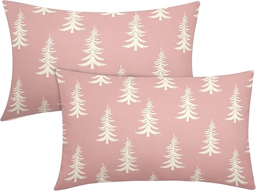 Juego de 2 fundas de almohada lumbar rosa para árbol de Navidad, cojines rectangulares para sofá, vacaciones de invierno, decoración rústica de