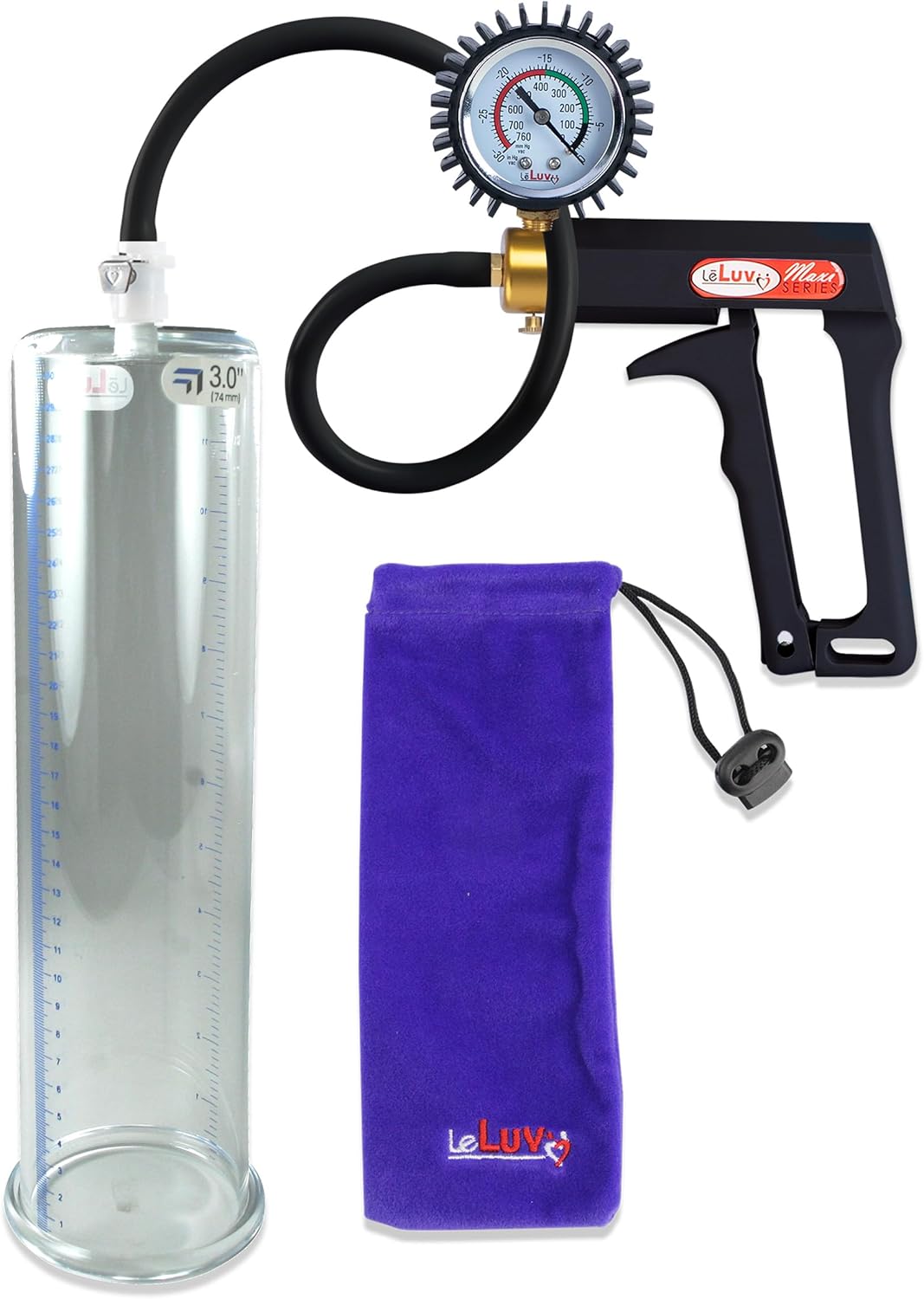 LeLuv Black Maxi Penis Pump with Rubber Protected Gauge Premium Silicone Hose Kit 12 inch Length x 3.00 inch Diameter Cylinder
