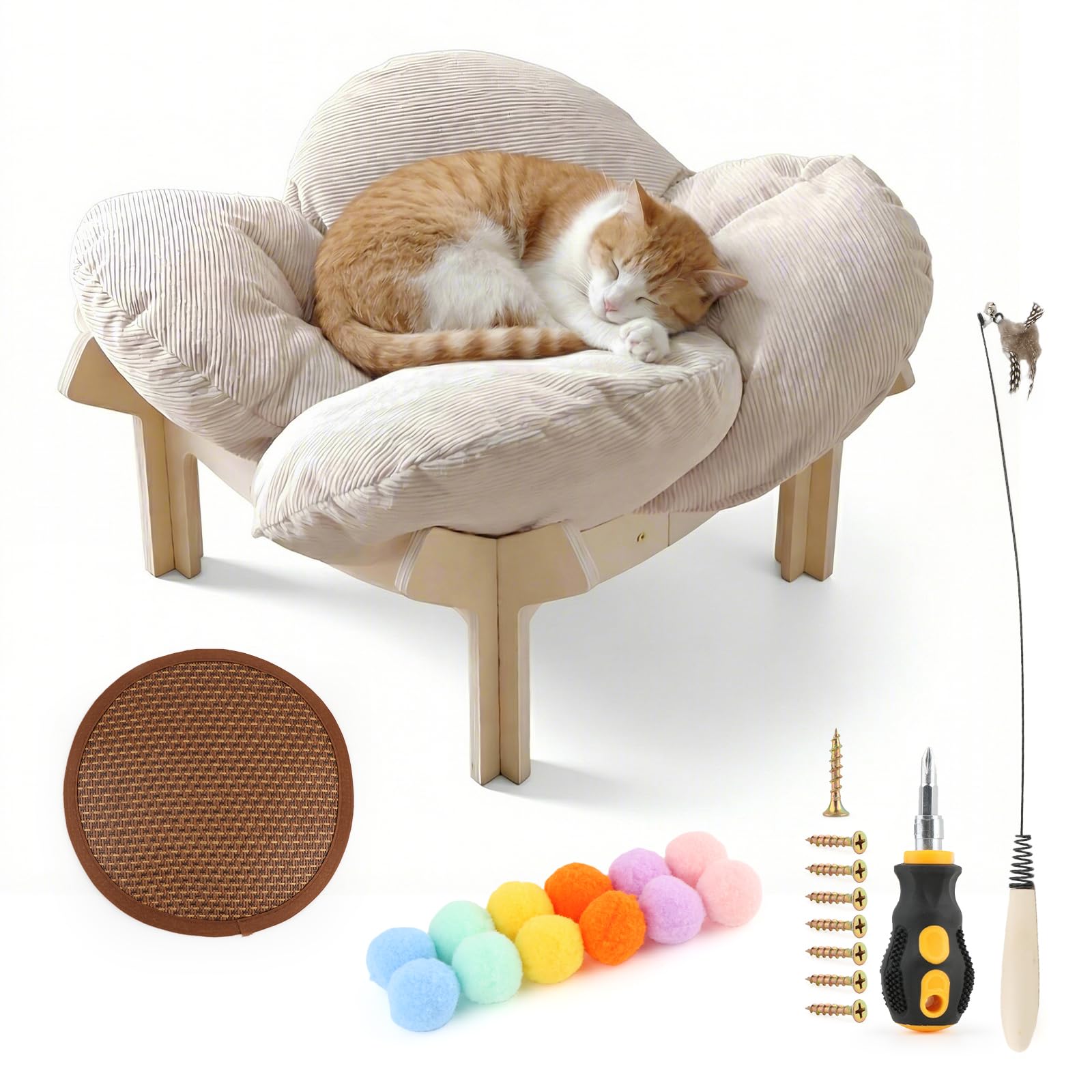 Cuccia per Gatti a Forma di Fiore, Letto Rialzato in Legno alla Moda, con Coprimaterasso Rimovibile e Lavabile, per Gatti 54×31×12 cm