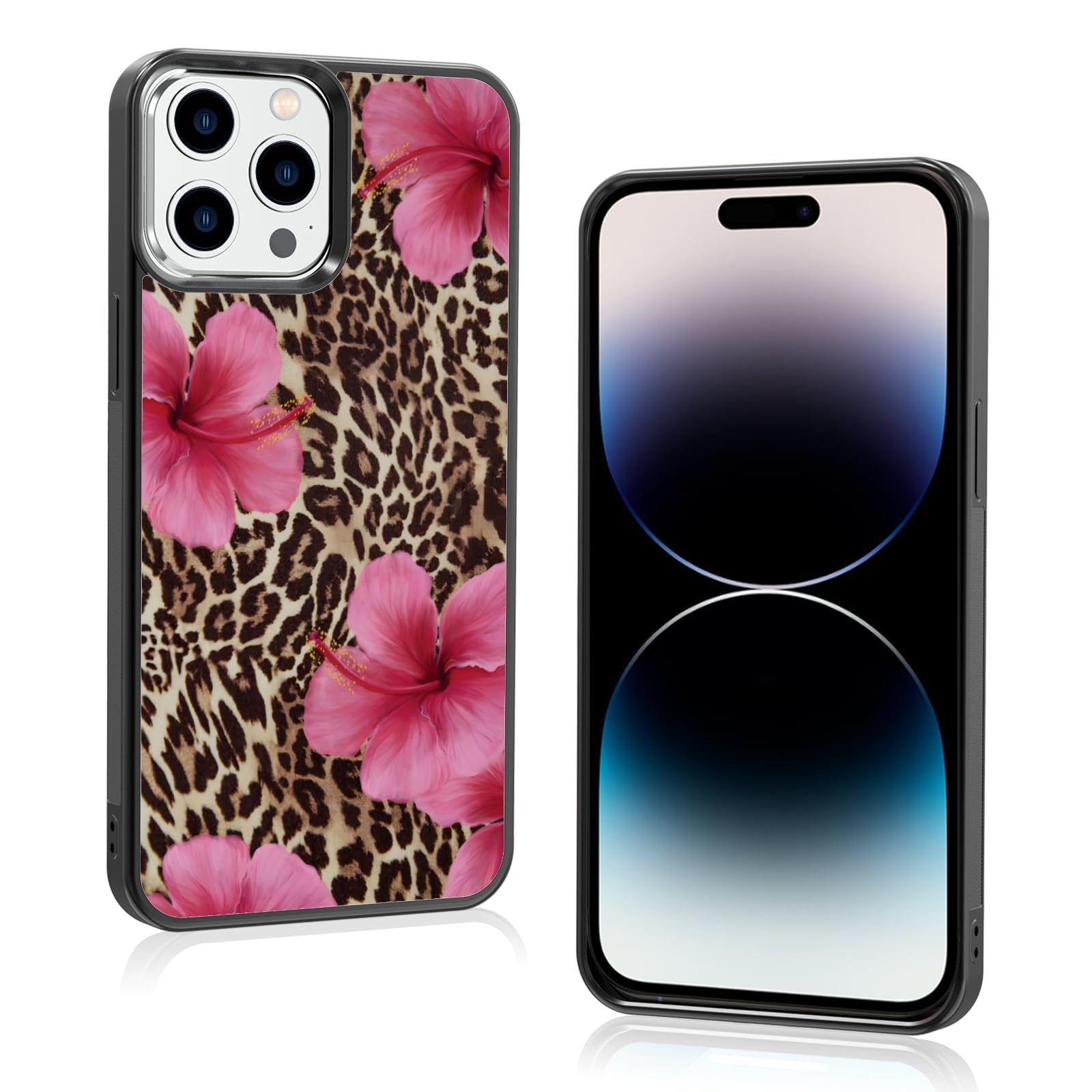 Axulimin Cute Pink Hibiscus Flowers Leopard Cheetah Print Aesthetic Phone Case for iPhone 14 Pro Max Case for Women Girls -6.7Inch