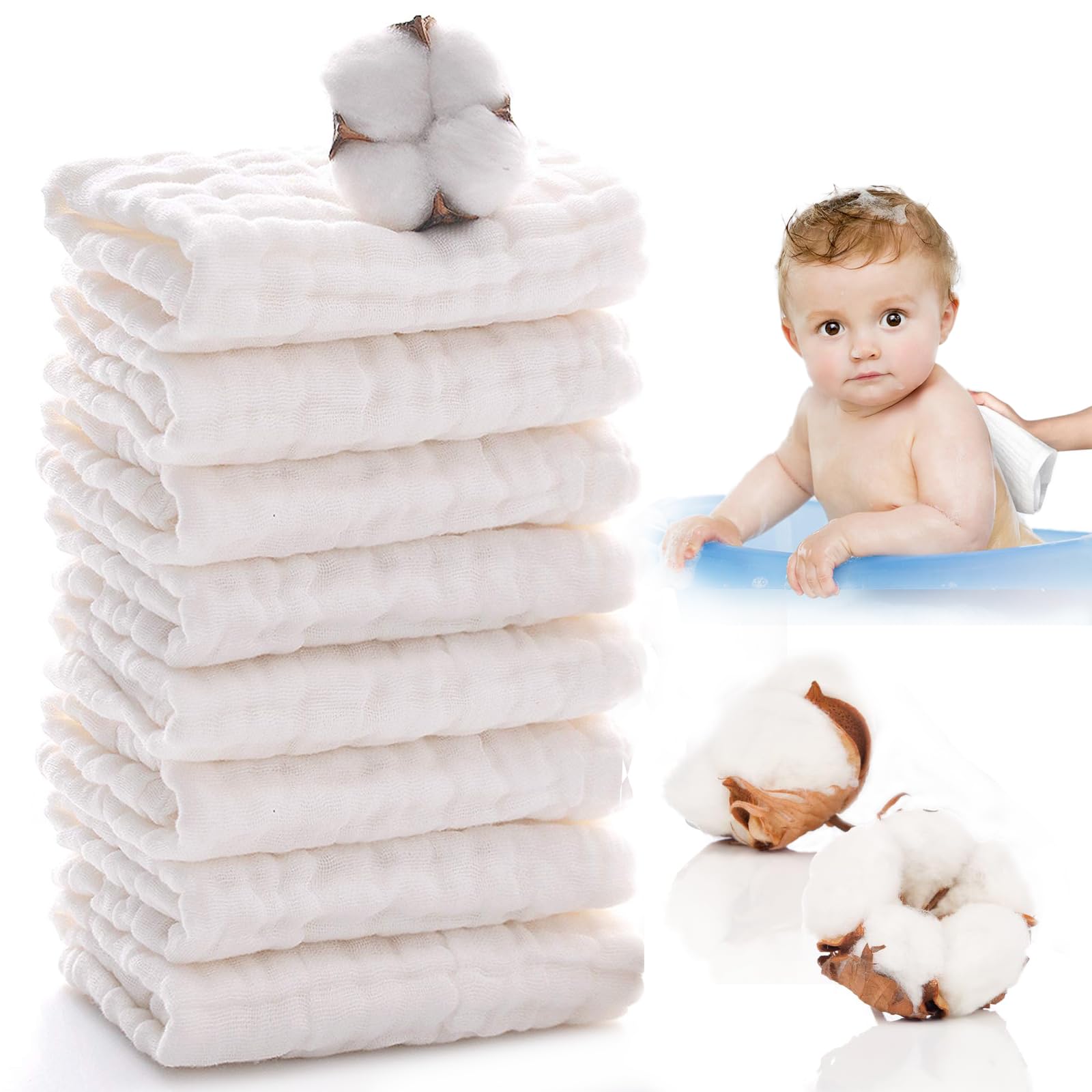 Musselin Waschlappen, Bio-Baumwolle Weiche Baby Handtuch, Mehrzweck Baby Gesichtstüche für Jungen und Mädchen, 8 Stück, 25 x 25 cm