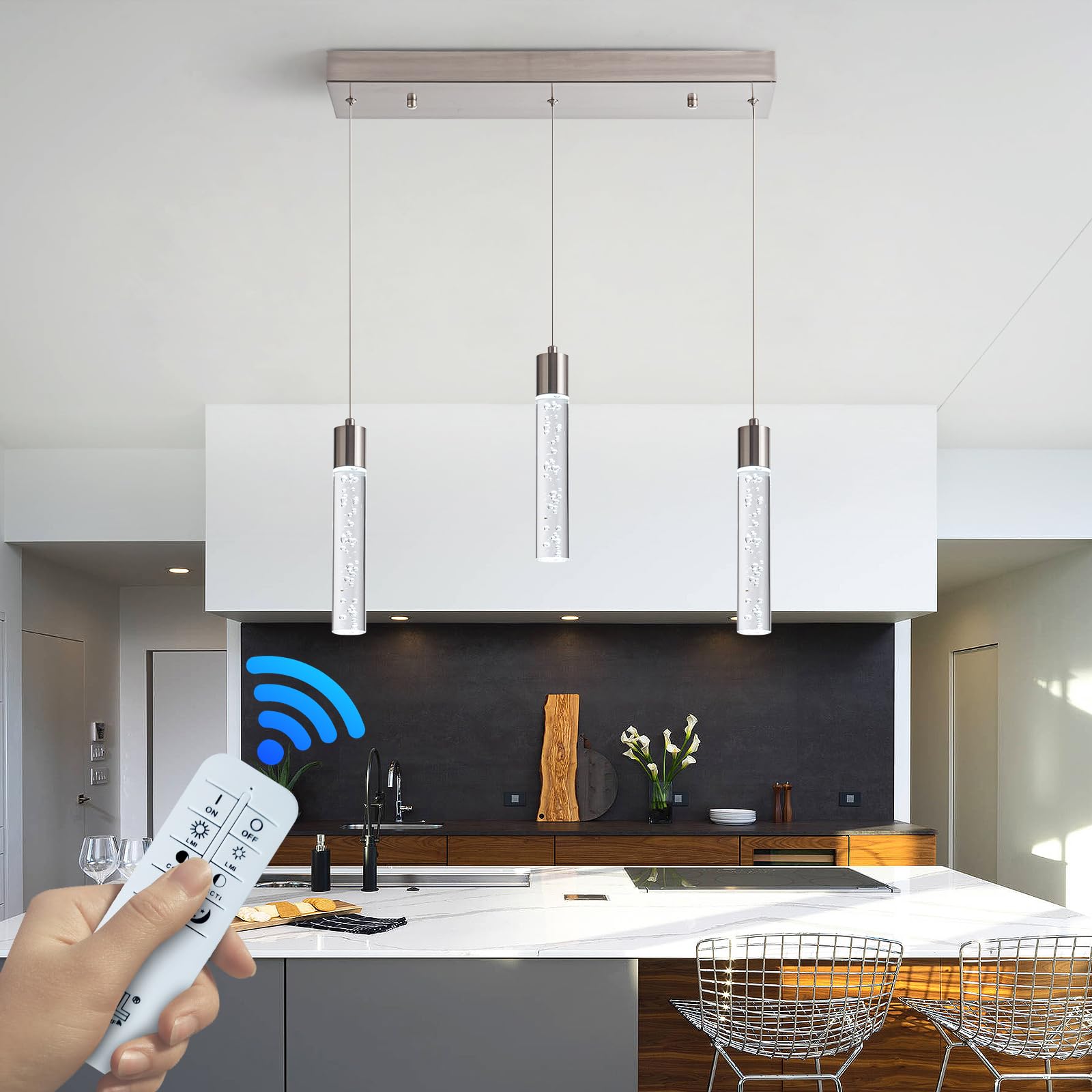 Suspension moderne avec hauteur réglable – Nickel brossé et îlot cylindrique, 3000–6000 K à intensité variable pour îlot de cuisine, salle à manger, comptoir de bar