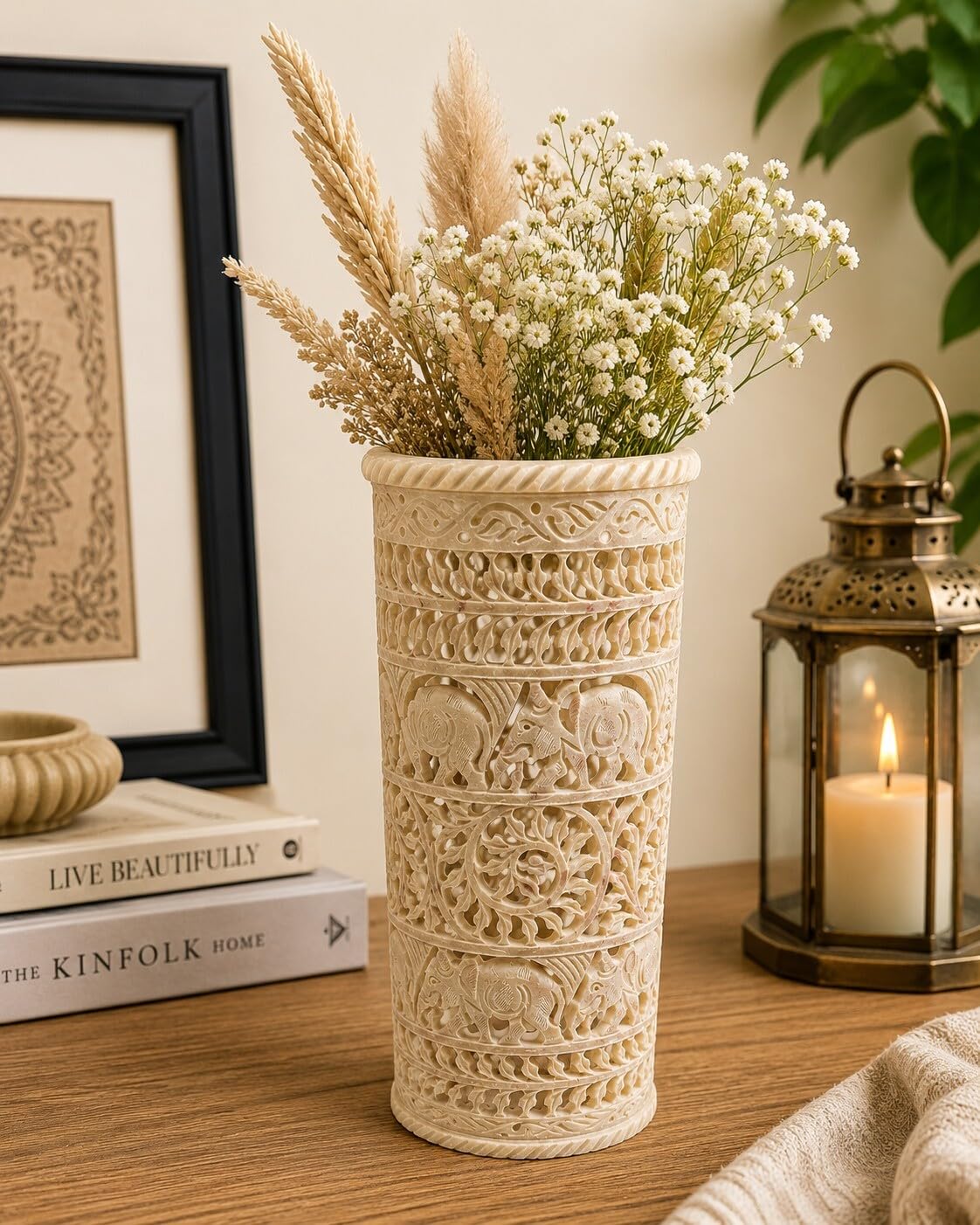Handcrafted Soapstone Flower Vase (12 Inches)| Natural Stone Beige Elephant Jaali Vase | Artisan Decorative Floral Vase | Handmade Home Decor Accent | Elegant Table Centerpiece-image-6