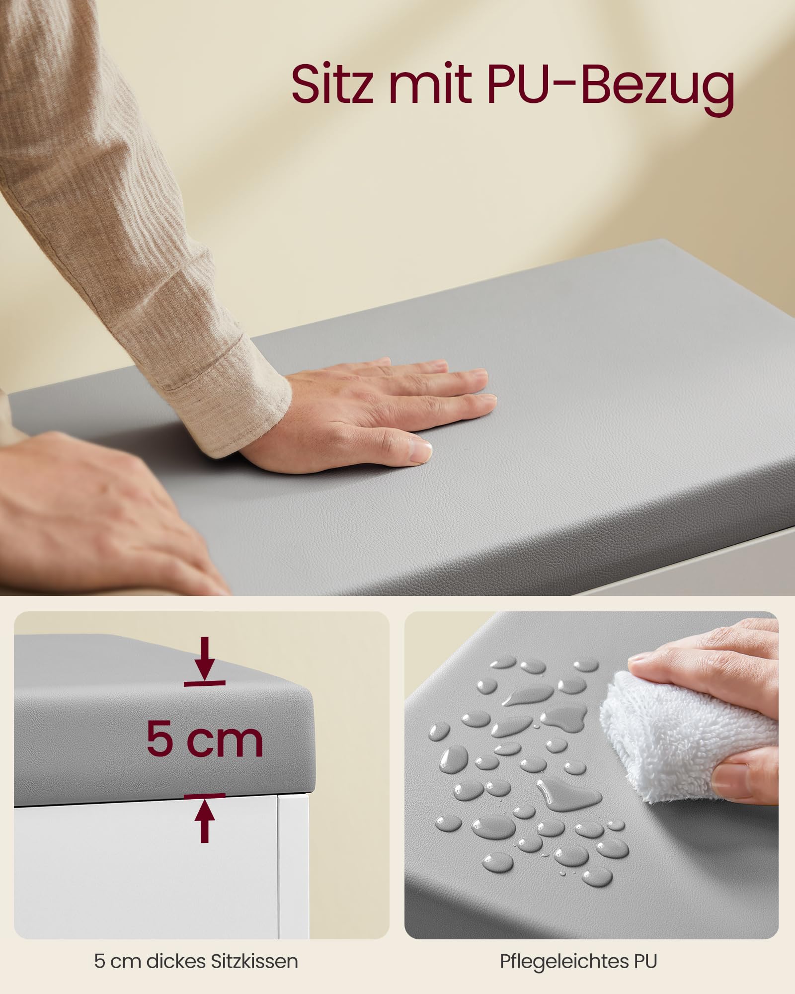 VASAGLE Custos Kollektion - Schuhbank, Sitzbank, Schuhregal mit gepolstertem Kissen, Schuhorganizer mit 3 Ebenen, 30 x 60 x 44 cm, für Flur, Wohnzimmer und Schlafzimmer, wolkenweiß LHS020W01