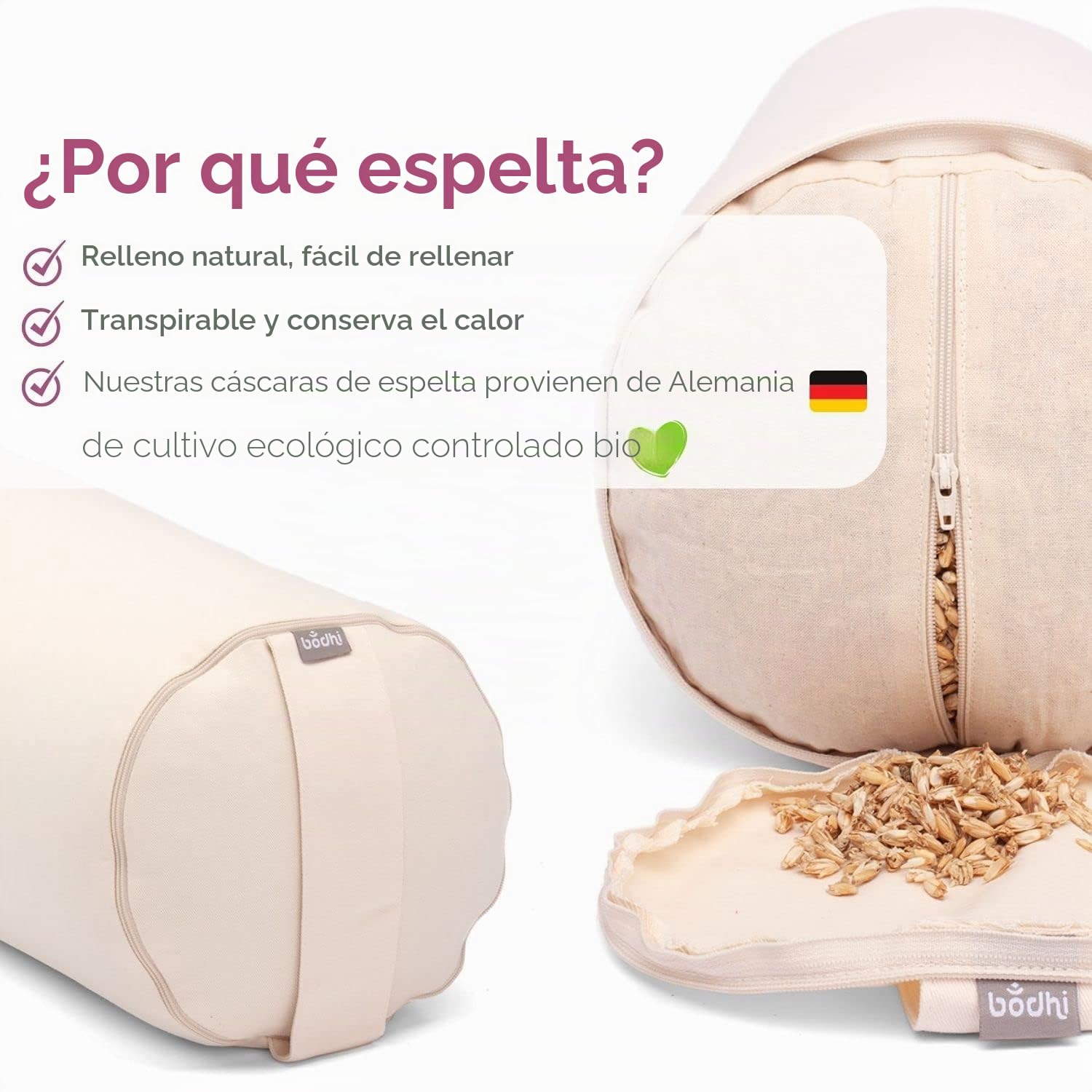 Bodhi | Yoga Bolster ECO | 100% algodón orgánico | Rollo de Yogaroll con relleno de espelta orgánica | Lavable | Cojín de yoga redondo para ejercicios de yoga restaurativos | Grande 65 x 20 cm