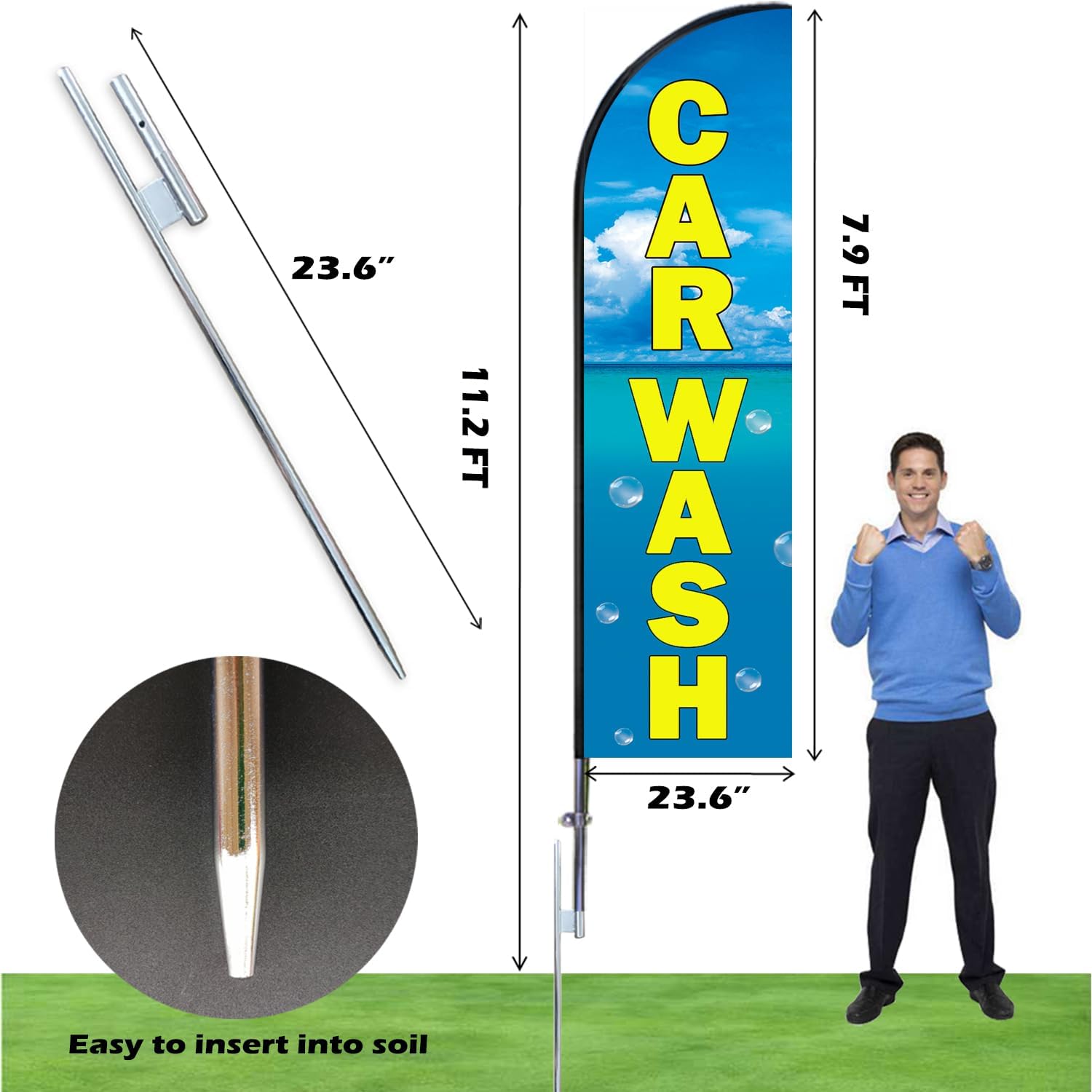 Car Wash and 100% Hand Wash Feather Flags Banner with Flag pole kit Ground Stake for Auto Detail Shop Car Wash Service Business Advertising (hand wash)