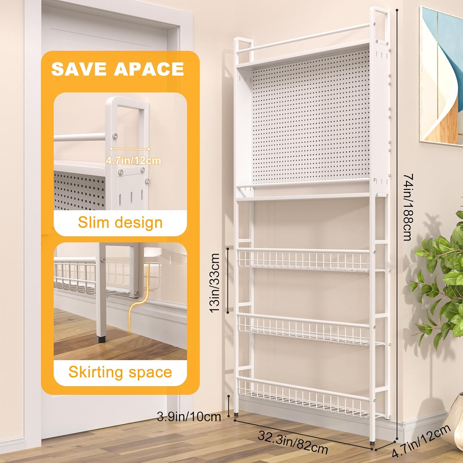 Behind the Door Bookshelf, Space Saving Metal Slim Shelf After Door | Tall Narrow Wall Mounted Storage Cabinet, Behind Door Standing Bookcase with Hooks for Books Bedroom Living Room Office