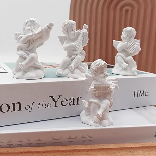 Miniatura 7 de 4 piezas de estatua de ángel pequeño, figura de resina, adorable escultura musical querubín, estatuilla de estantes, decoración del hogar