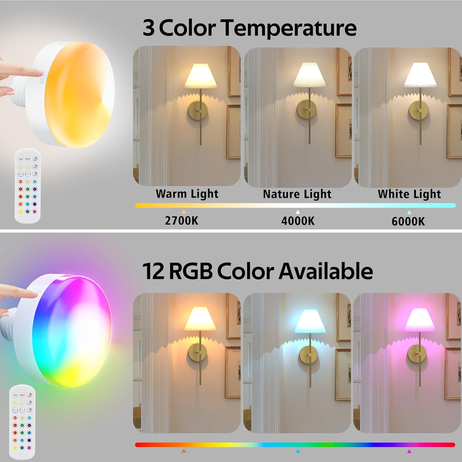 LABOREDUCER 3000mAh Battery Rechargeable Light Bulbs Dimmable, 12RGB+CCT Color Changing Screw in Puck Light Bulbs, Non Hardwired LED E26 Bedroom Light Bulbs for Wall Sconce,Table Lamp(2 Pack)