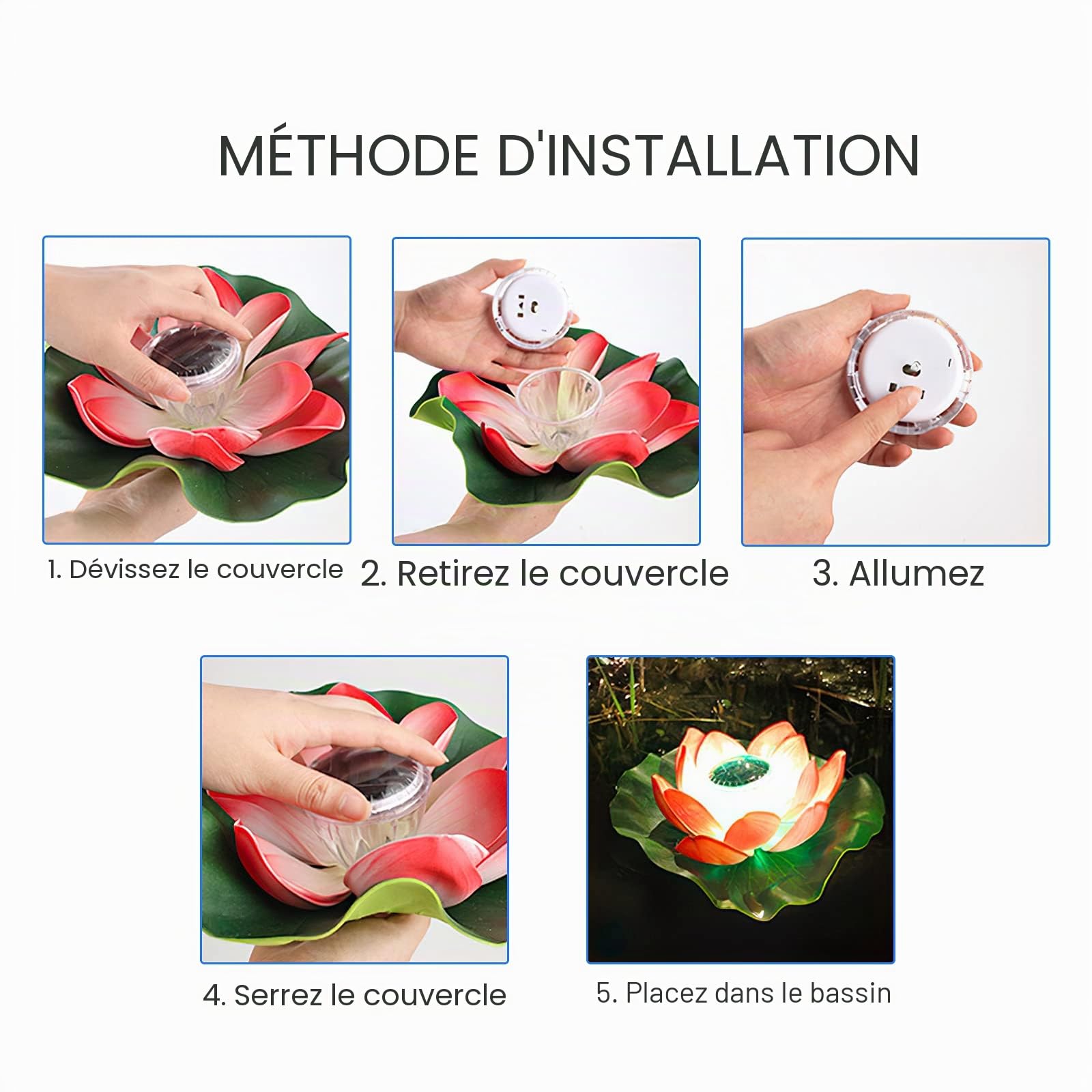 4 Pièces Lampe Lotus de Bassin Flottant, Lampes Solaires à Capteur de lumière, Lampes de Pelouse étanches Extérieures, Lampes Décoratives de Piscine, Lampes D'étang (Couleur)