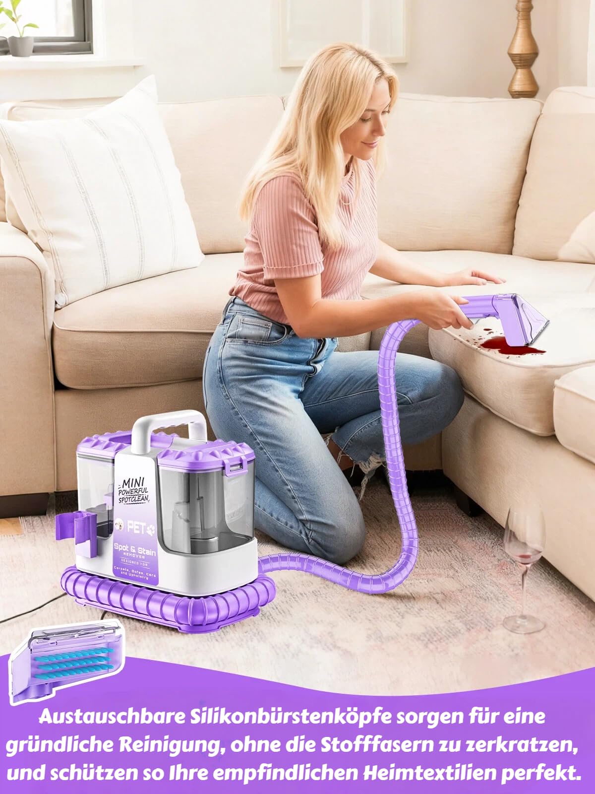 Polsterreiniger Gerät 500W 30KPa Waschsauger Nasssauger mit Selbstreinigungsfunktion, Fleckenreiniger für Teppiche Sofas Treppen Polstermöbel Autos, leichtes kompaktes Design, Violett