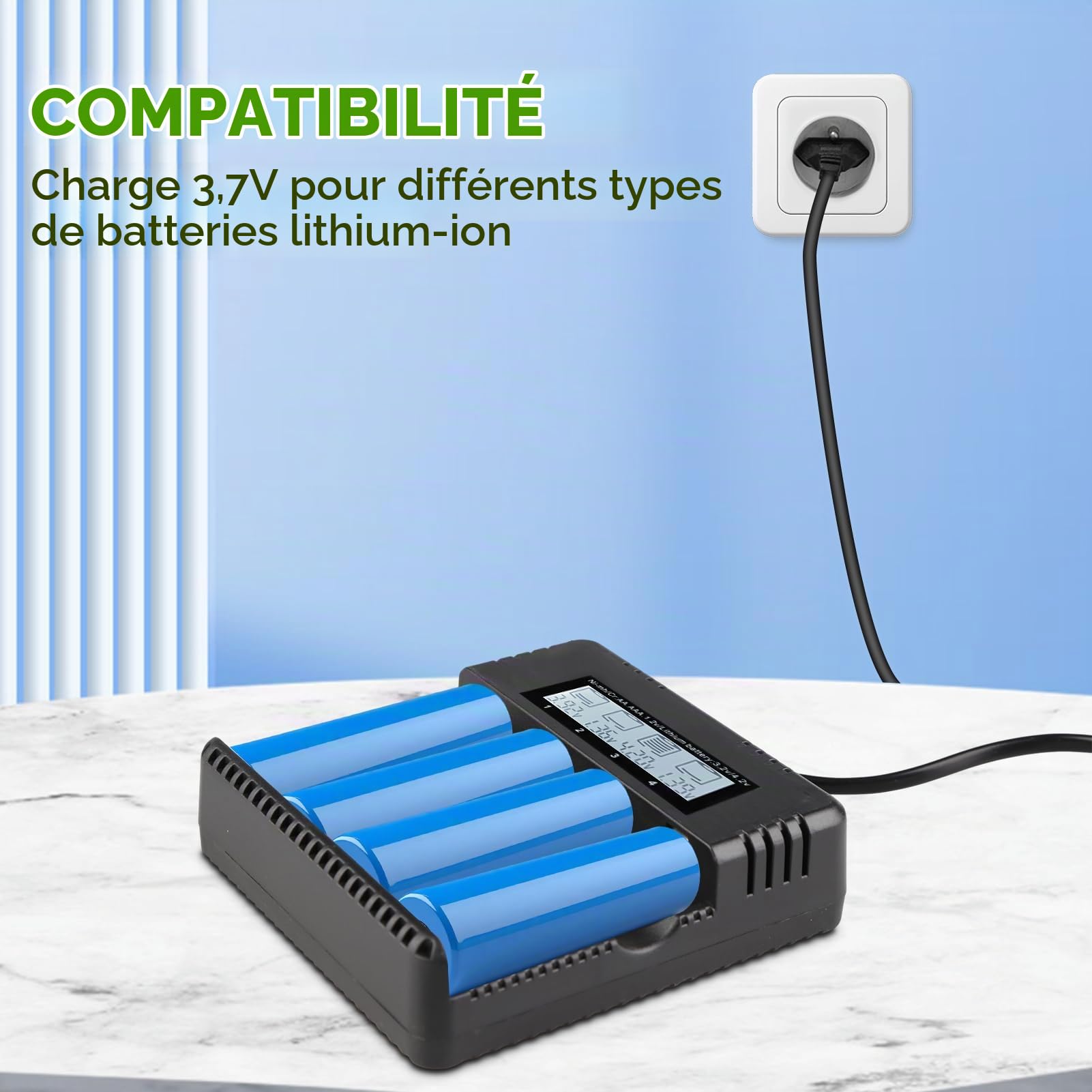 Chargeur LCD Batteries 18650 Li-ION 3.7V 4 Slots Indépendants AA AAA | Charge intelligente batteries, écran digital temps réel, protection avancée et compatibilité Li-ion NiMH pour usage quotidien