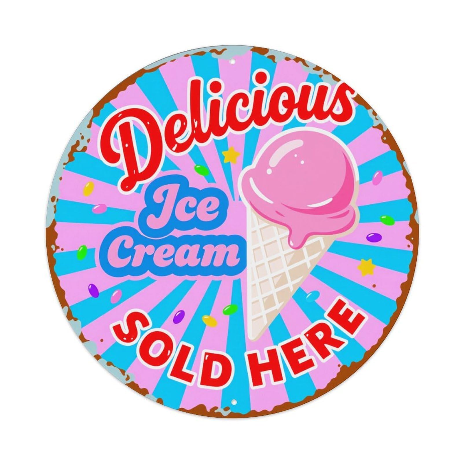 Delicious Ice Cream Sold Here Pattern With Pink Cone Round Vintage Tin Sign,Retro Wall Art,Metal Poster for Home, Bar, Garage, Cafe, Rustic Indoor & Outdoor Decor, 8x8 Inches