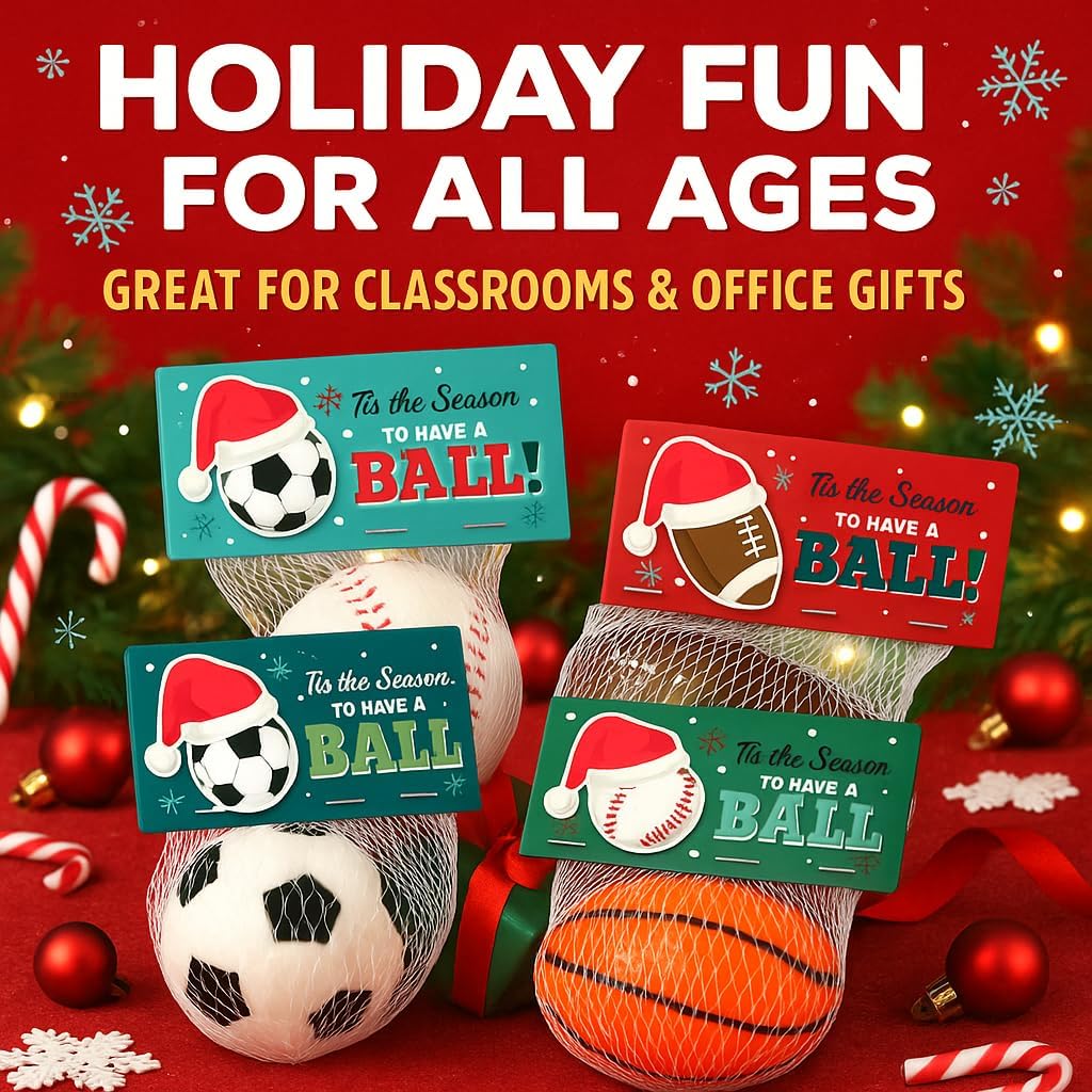 Christmas Sports Stress Ball Party Favors, Bulk Pack for Students, Holiday Goody Bag Stuffers, Office Gift Exchange
