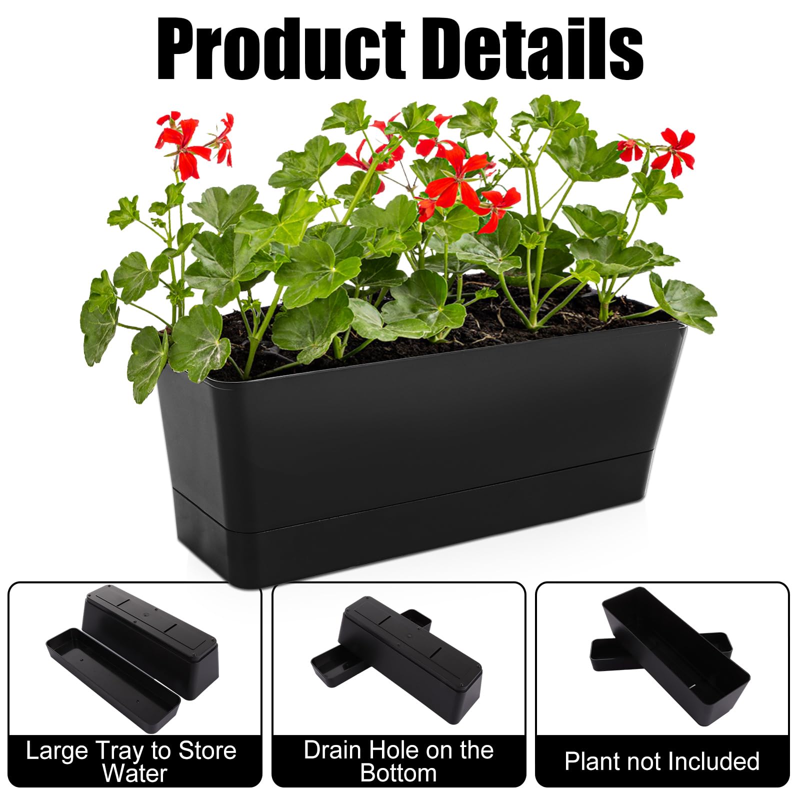 APACALI 4 Pack Rectangular Plant Pots, 30.5 x 9.7cm Window Box Planter with Tray, Garden Troughs Planters with Drainage Holes, Flower Pots Outdoor for Balcony, Office, Garden, Windowsill, Black - Image 3
