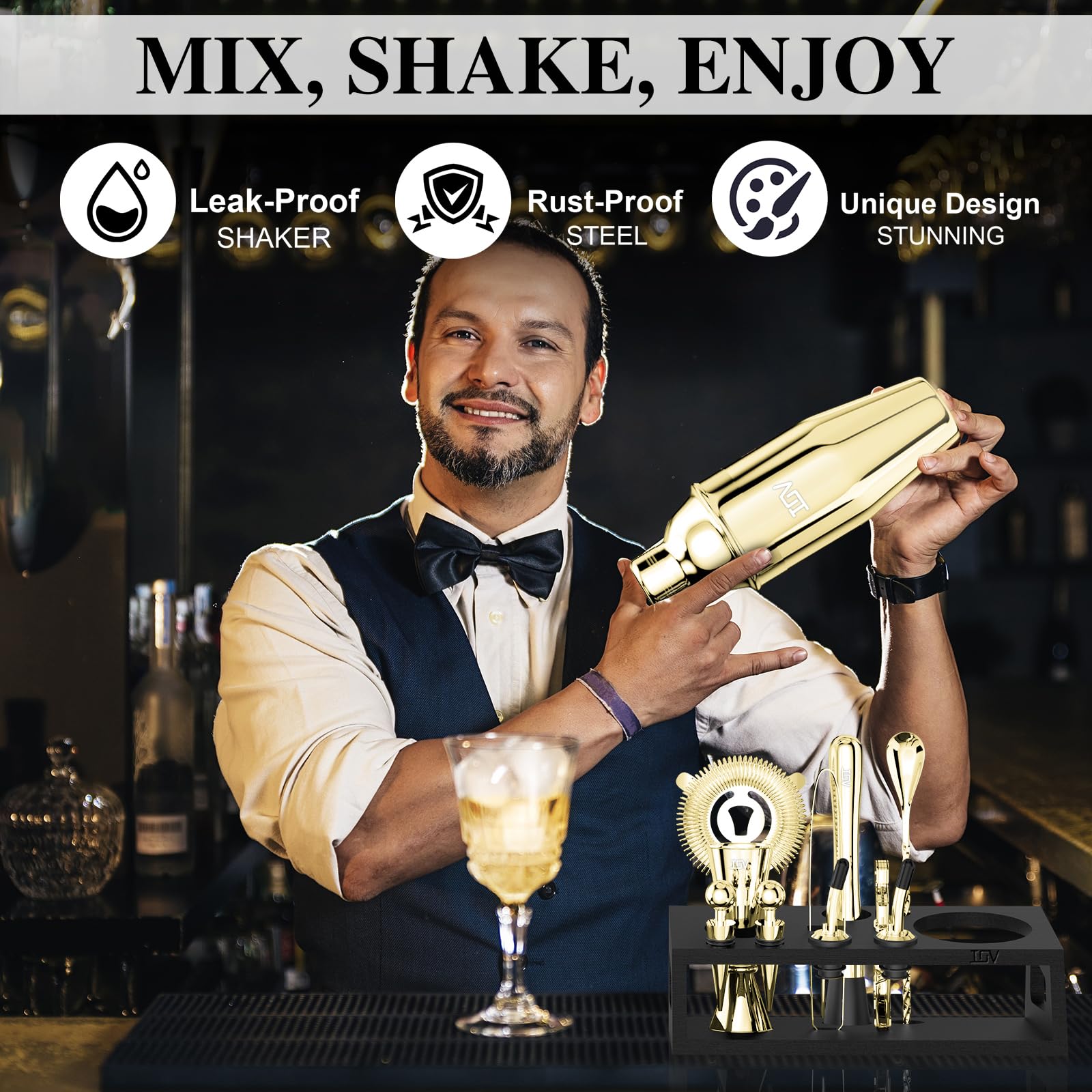 IOV Mixology - Kit da barista con supporto, set da 12 shaker per cocktail, shaker per martini da 680,4 g, per mescolare bevande, set da bar include tutti gli strumenti da bar e il libretto di ricette,