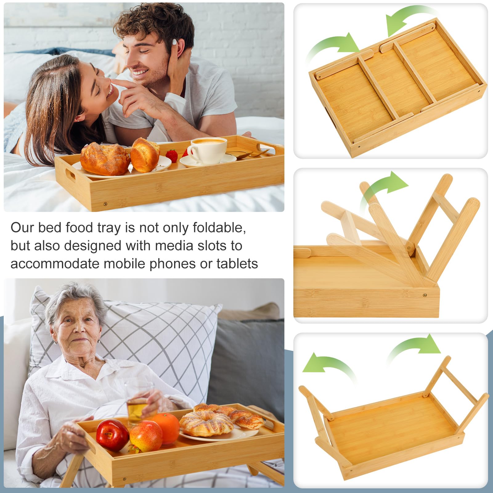 2 Pcs Large Bed Tray Table with Media Slot 19.7 Inch Bamboo Breakfast Food Tray with Handles