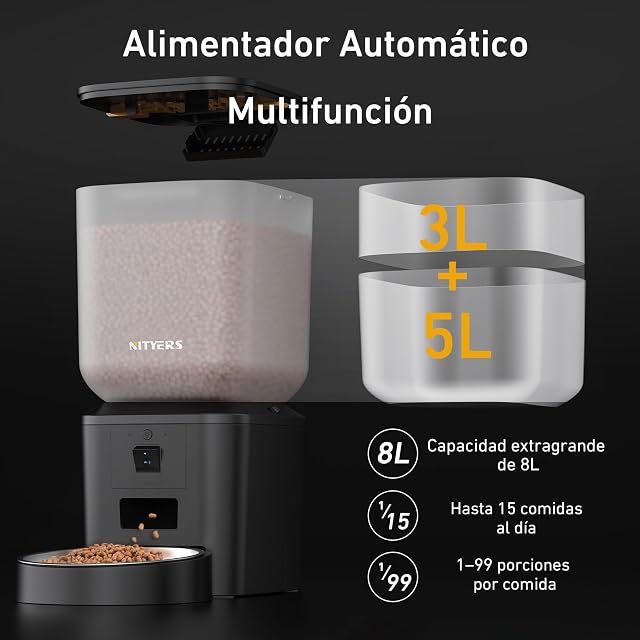 Foto 2 de 7 de Comedero automático para Perros y Gatos con cámara y WiFi: 8L/34 Tazas, visión Nocturna 1080P, WiFi 2.4 y 5G