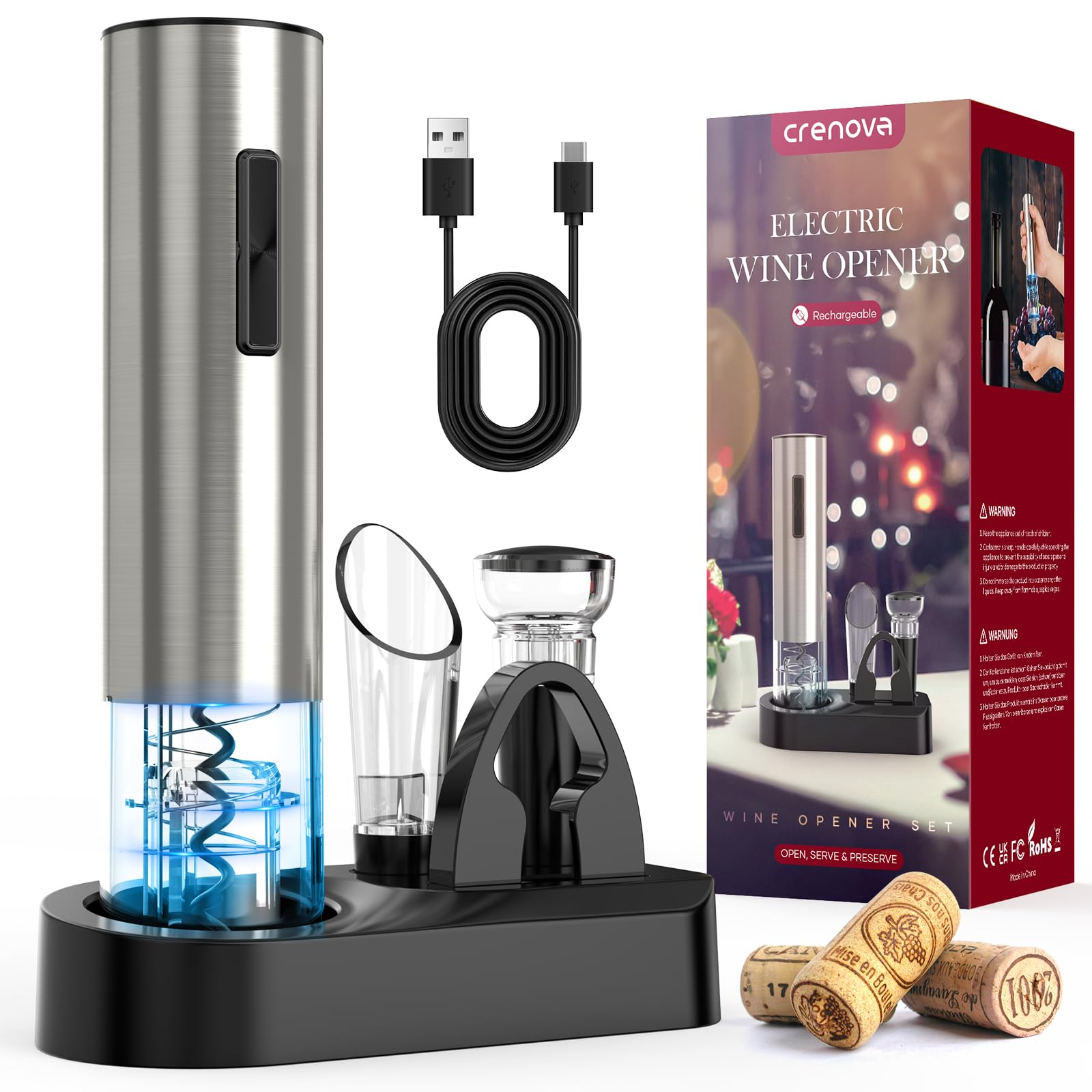 Crenova 4-in-1 Electronic Wine Opener, Rechargeable Automatic Corkscrew Wine Bottle Opener set with Wine Saver Pump, Wine Aerator and Wine Foil Cutter & USB Charging Cable, Elegant Black