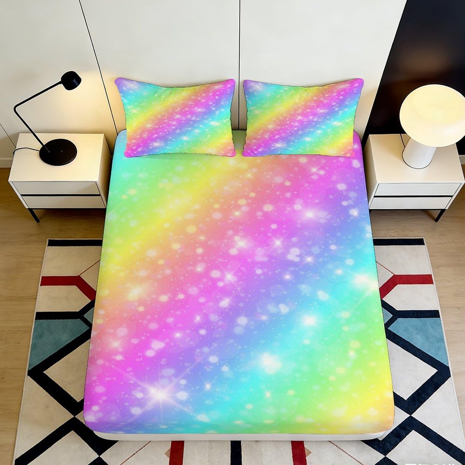 3D Printed Rainbow Starry Fitted Sheet Microfiber Deep Pocket Bedroom Bedding Rainbow Star Mattress Fitted Cover Non-Slip Washable 200x200x25cm