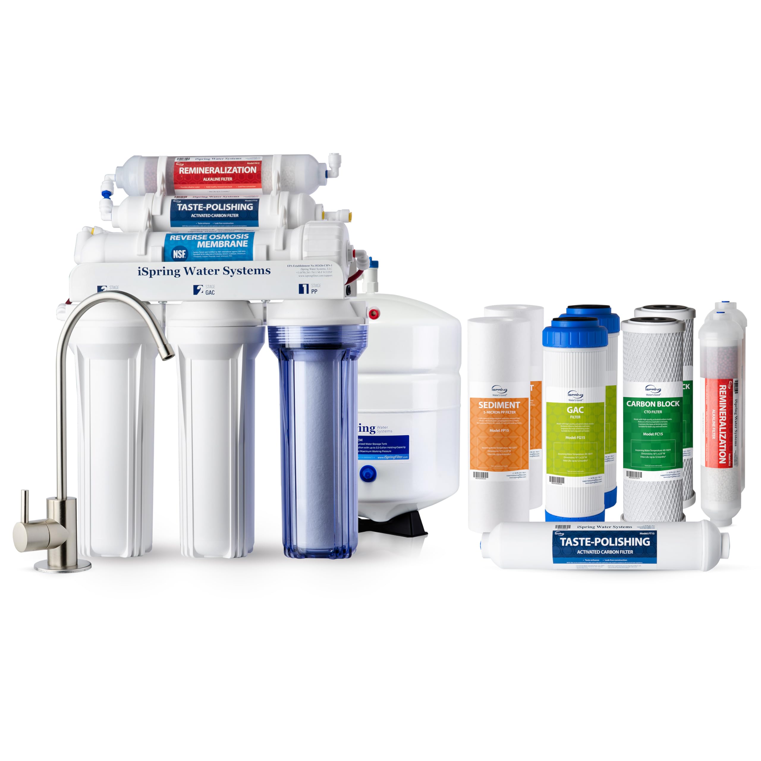 iSpring RCC7AK 75GPD Sistema di Osmosi Inversa Alcalina a 6 Stadi + iSpring F9K Pacchetto di Filtri di Ricambio per 1 Anno per Sistemi RO a 6 Stadi