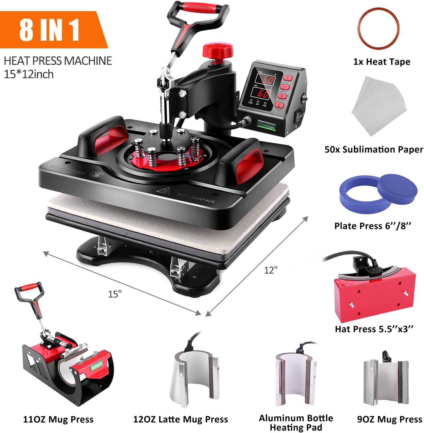 Pro Heat Press, 8 in 1 Heat Press Machine for T Shirts, 15 x 12 Inch Shirt Press Machine, 360-Degree Swing Away Heat Transfer Sublimation Shirt Printing Machine for Tshirts Mugs Plates Caps (R-8 IN 1)