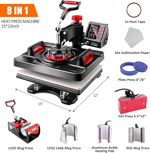 Miniatura 6 de Prensa de calor profesional, máquina de prensa de calor 8 en 1 para camisetas, máquina de prensa de camisas de 15 x 12 pulgadas, máquina de
