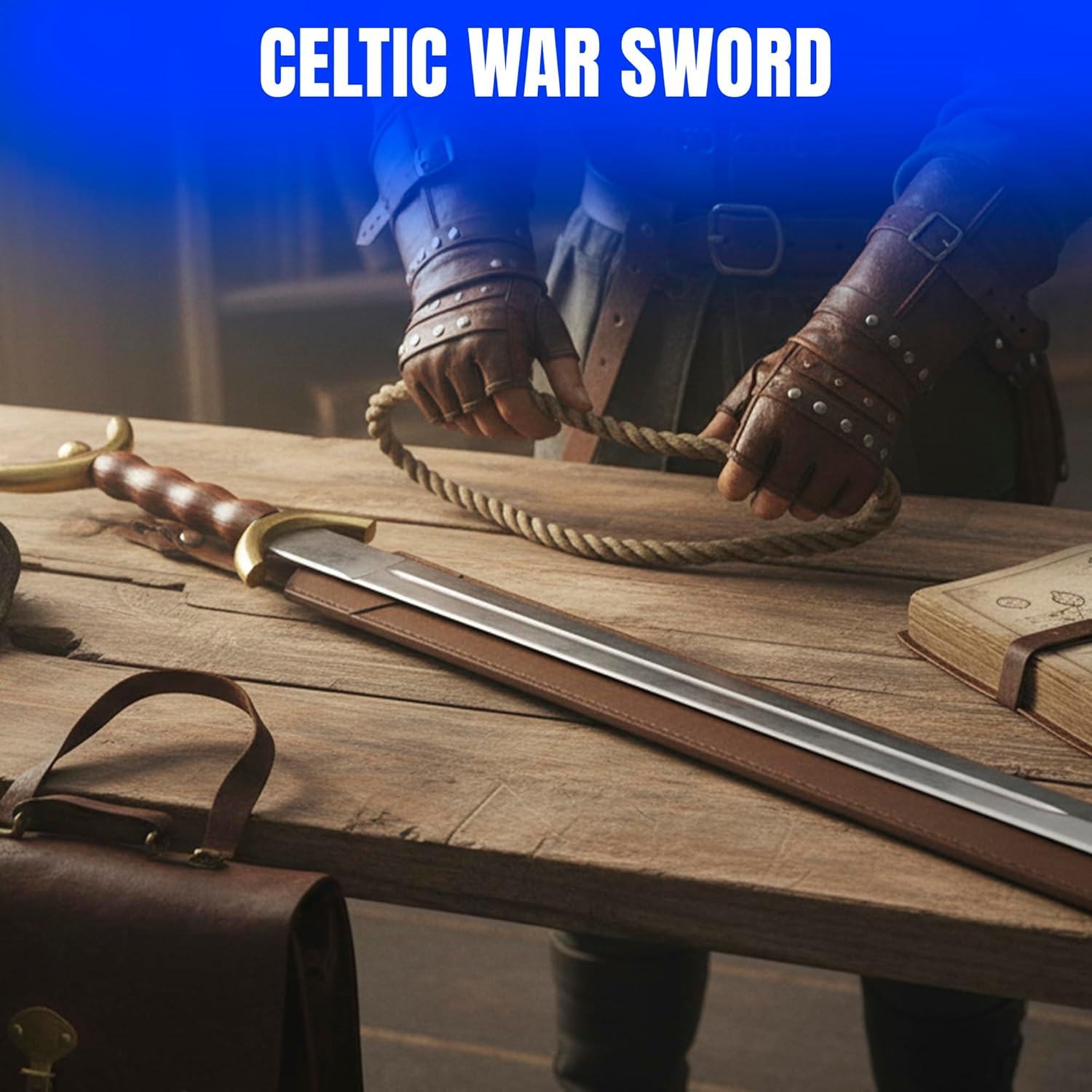 SZCO 31" Celtic War Sword – Historical Fantasy Medieval Short Steel Sword for Adults with Wooden Handle, Brass Guard & Leather Sheath for Cosplay & Display