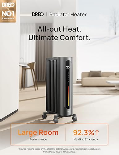 Miniatura 2 de Dreo Calentador de radiador lleno de aceite, calentador radiante de 1500 W con control remoto, termostato digital, 4 modos, temporizador de 24