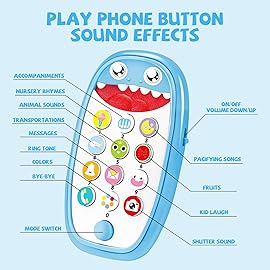 Baby Shark Cell Phone Toy Removable Teether Case, Light, Music Adjustable Volume Kid Play Learn Fake Phone Infant Toddler, Preschool Christmas Birthday Present Gift for Girl Boy 12 Months (Blue)