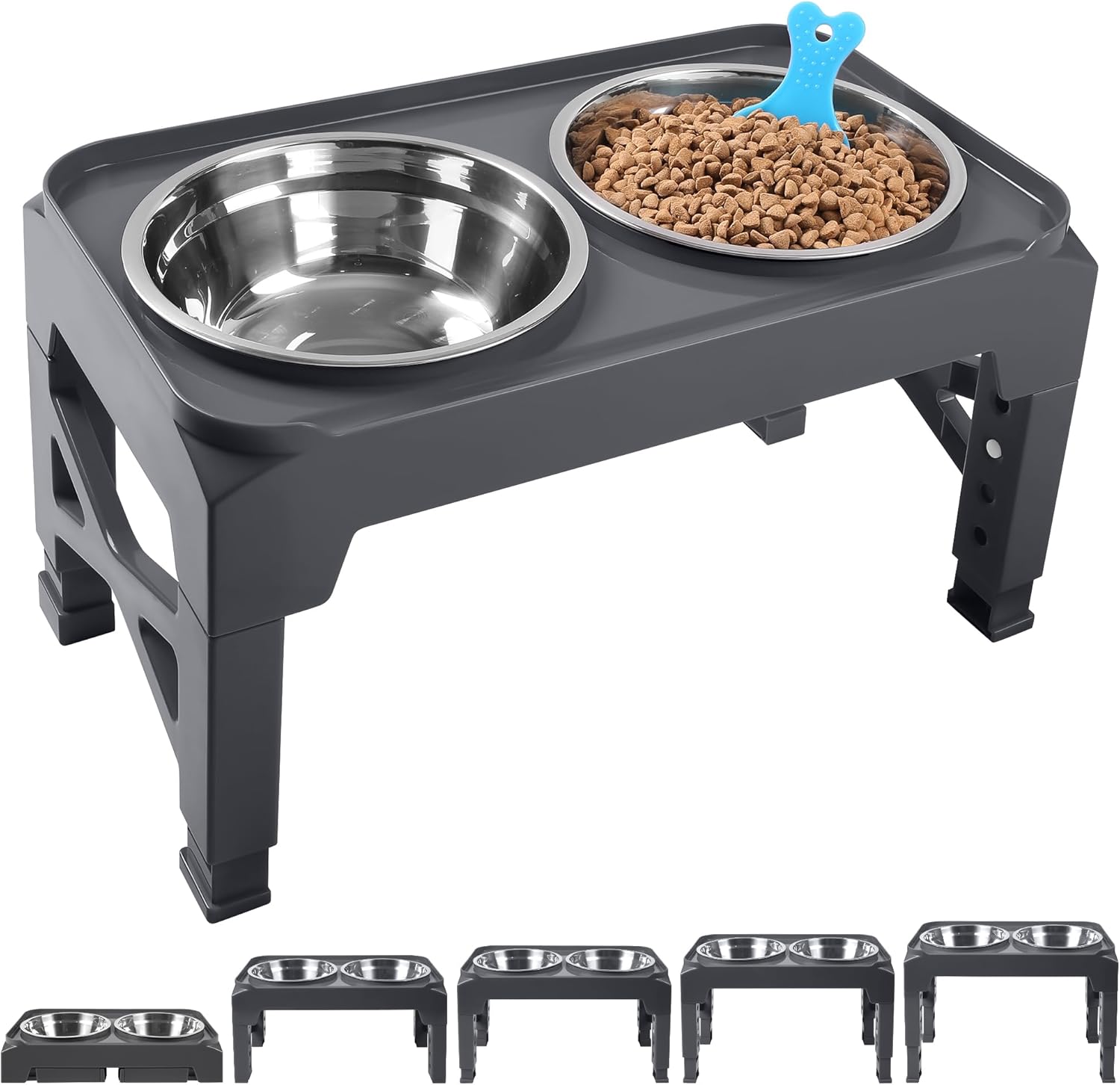 Elevated Dog Bowls with 2 Stainless Steel Dog Food and Water Bowls+Pet Food Scoop Raised Bowl Adjusts to 5 Heights (3.15",8.66",9.84",11.02", 12.2") for Small Medium and Large Dogs Cats (Grey)