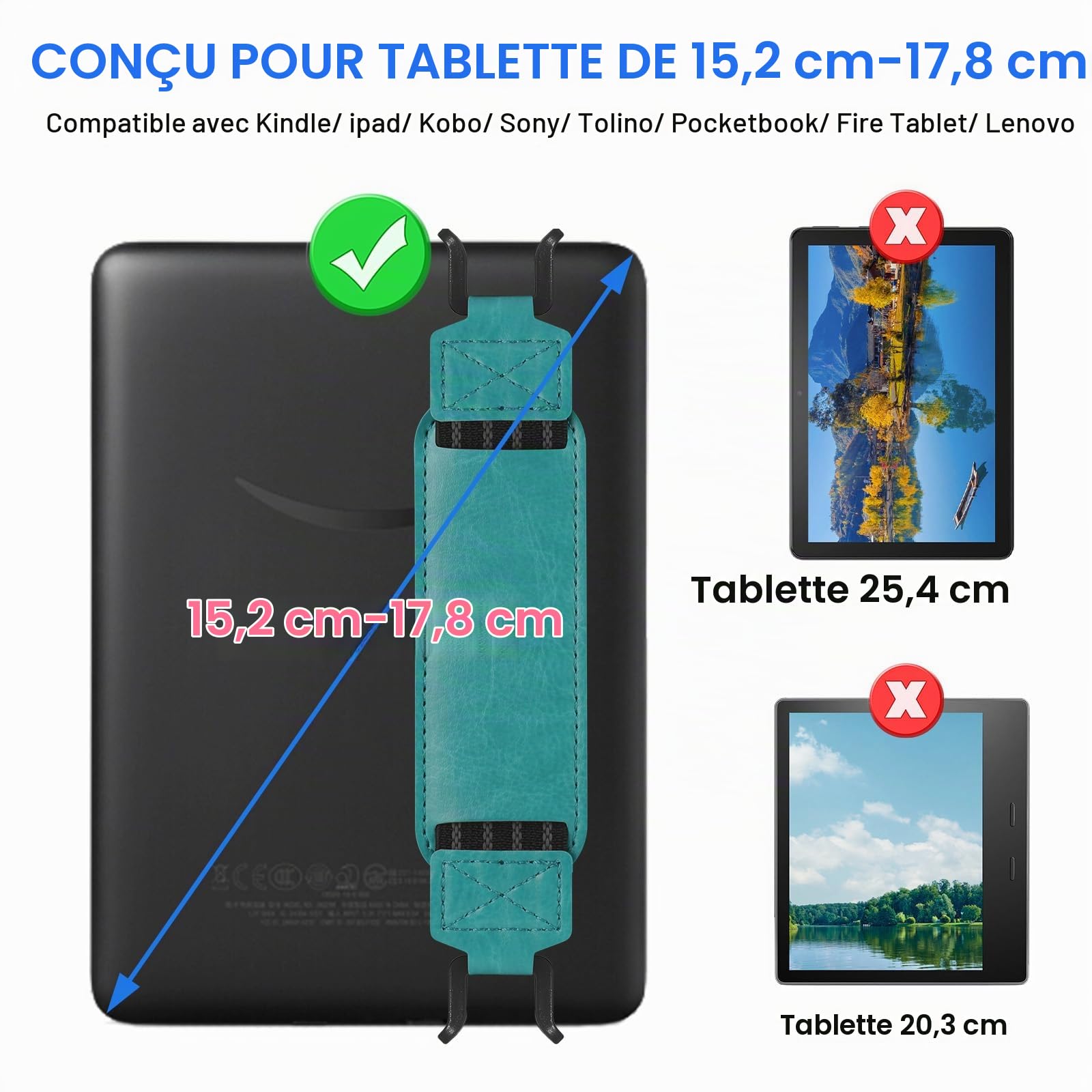 HoYiXi Universal Soft Hand Strap for 6-7 Pouces eReader Tablet Compatible avec Kindle/Kobo/Pocketbook/Tolino/Sony/Paperwhite/Nook, pour 6", 6.8", 7" avec dragonne Haute élasticité,Cyan