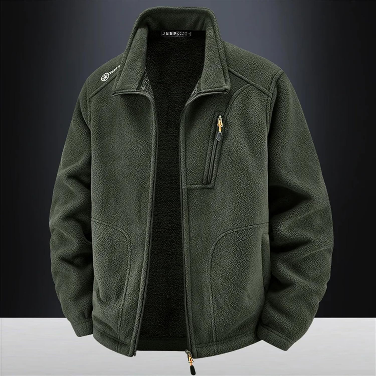 Men’s Vintage Polar Fleece Jacket Loose Fit Lambswool Zipper Coat Stand Collar Winter Top