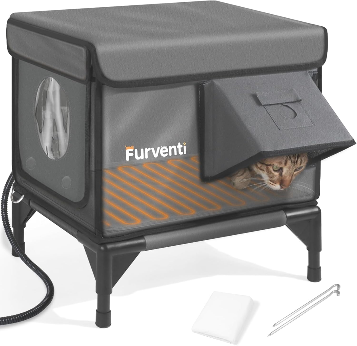 Heated Cat House for Outside,Dual Camera Mounts,100% Weatherproof & Extremely Insulated,Elevated Feral Cat Shelter with Escape Door,Waterproof Eaves for Outdoor Stray Barn Cat(Grey,S) 16.5"L x 12.6"W x 17.7"H Grey