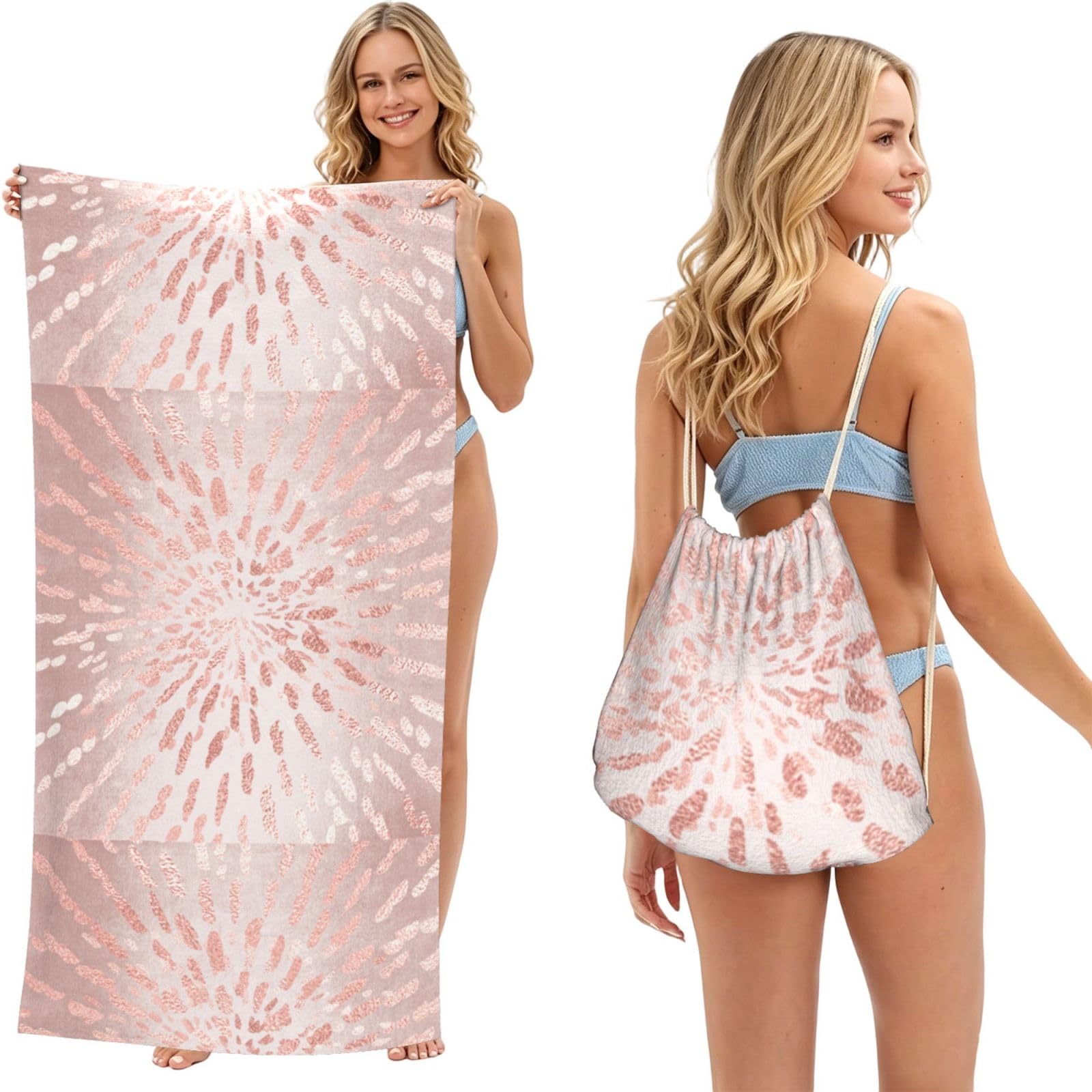 Poadnly As Picture Pink Rose Gold Blush Gold Strokes Stripes Shine, 2 In 1 Packable Towel Bag, Beach Towels With Drawstring Backpack For Travel Holiday Camping