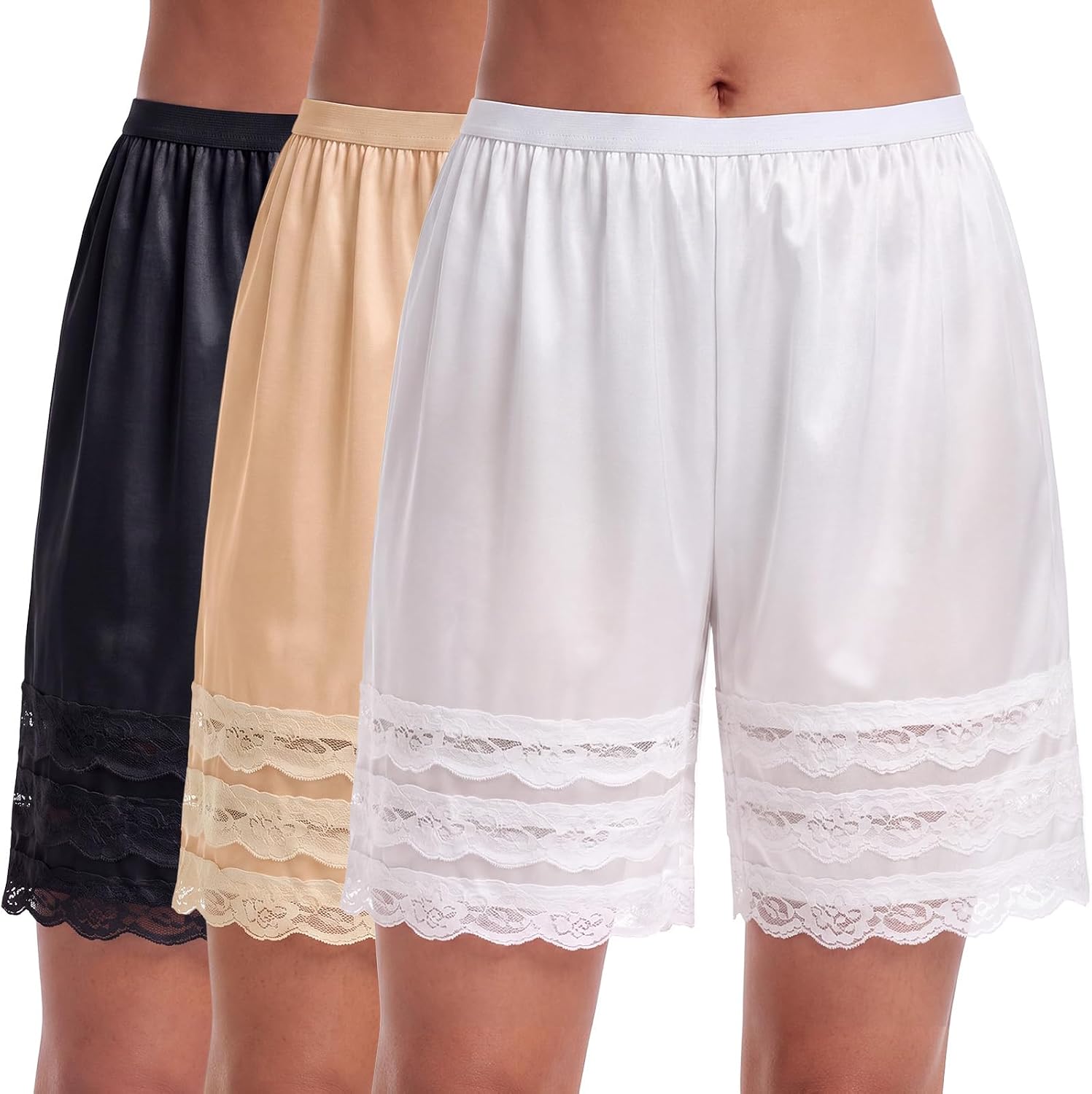 3 Pack Womens Lace Pettipants Under Dress, Short, Knee Length & Ankle Length Slip Pants Bloomers Anti Chafing Summer