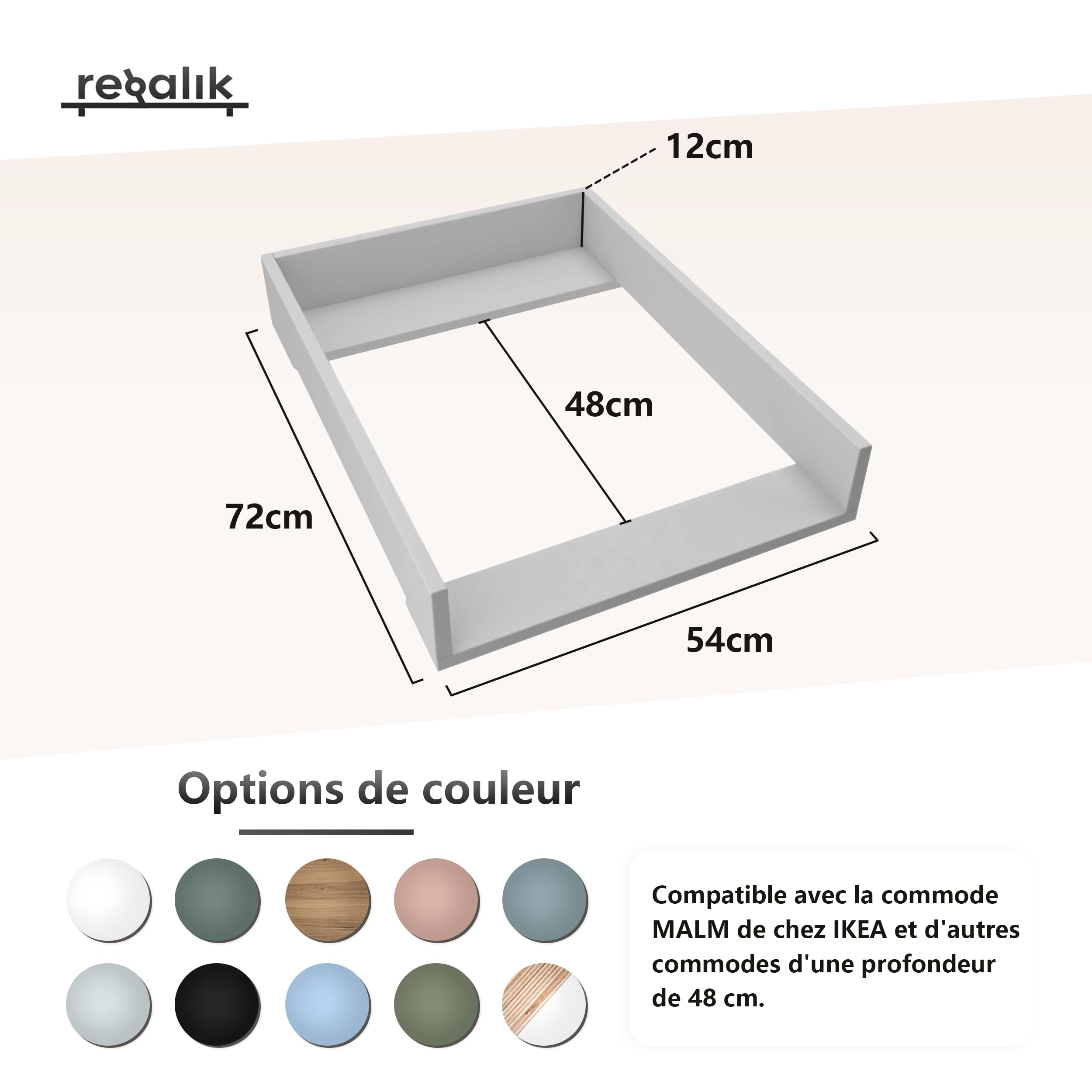Plan à Langer pour Malm d'IKEA, Extension pour Commode de 48 cm, Amovible, Plan à Langer avec Façades Arrondies, Blanc, 72 cm x 54 cm