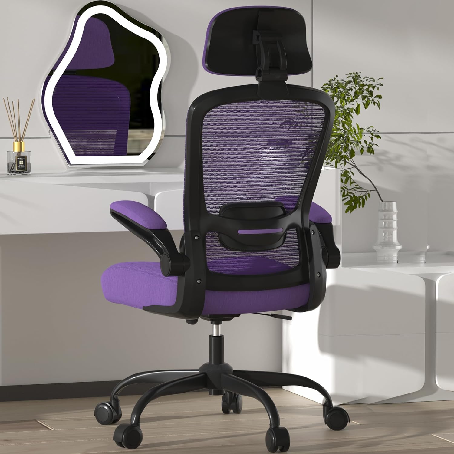 Mimoglad Office Chair, Comfy Desk Chair - High Back Ergonomic Computer Chair with Adjustable Lumbar Support & Headrest, Flip-up Armrests for Guitar Playing (Dark Purple(Black Frame))