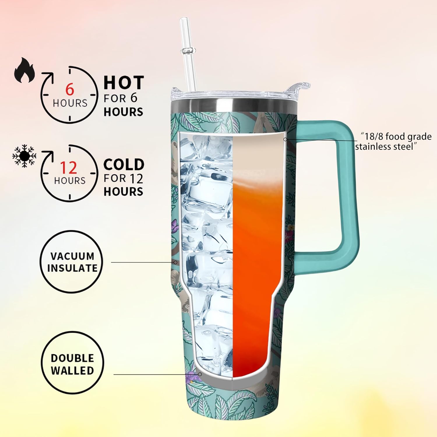 40 oz Sloth Tumbler with Handle and Straw, Insulated Stainless Steel Cup with Lid, Travel Coffee Mug Water Bottle, Animal Lovers Women Gifts - Image 3