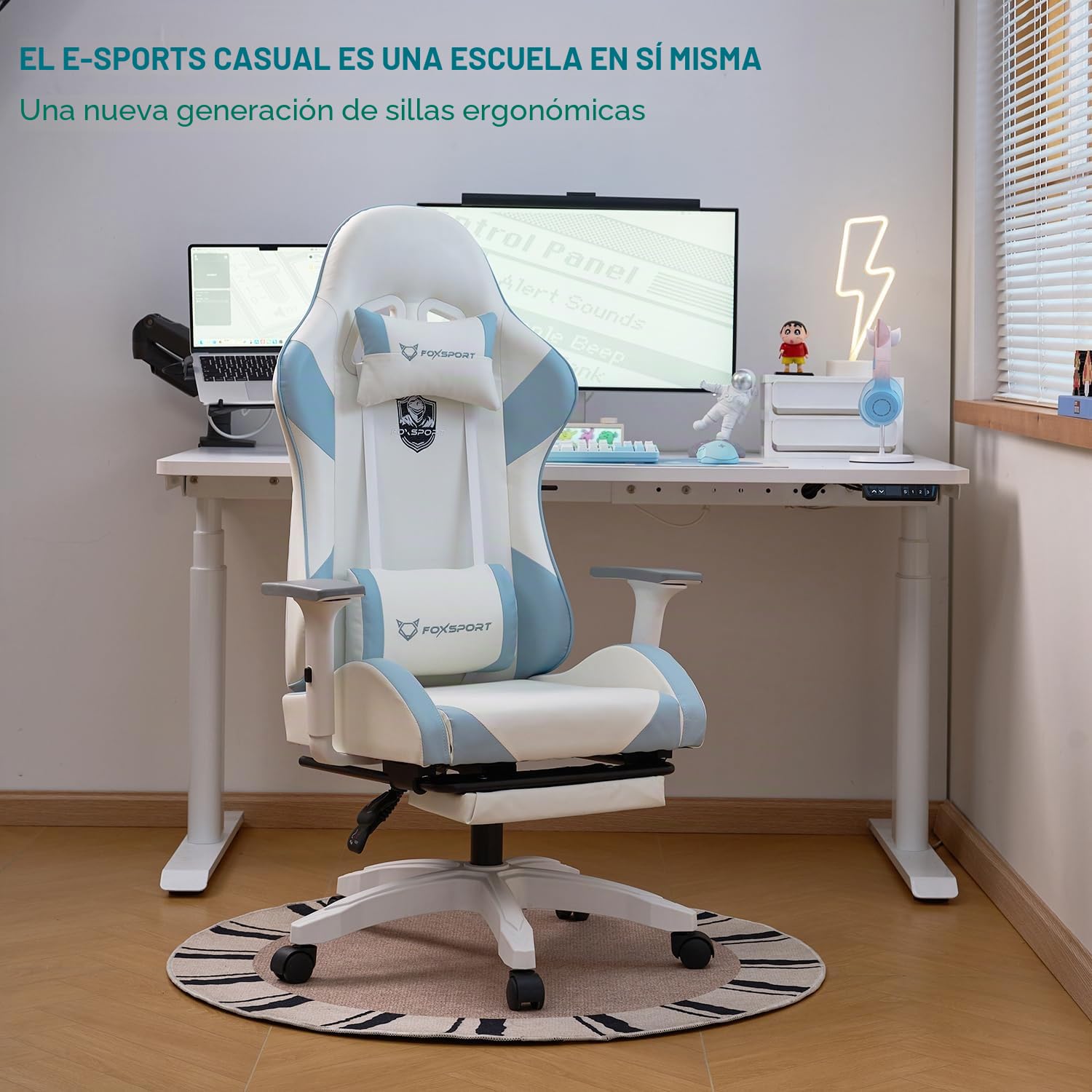 K IKIDO Silla de Gaming, ergonómica, Silla de Oficina Regulable en Altura, con reposapiés, inclinación de 155°, con reposacabezas y cojín Lumbar, para casa y Oficina (Azul)